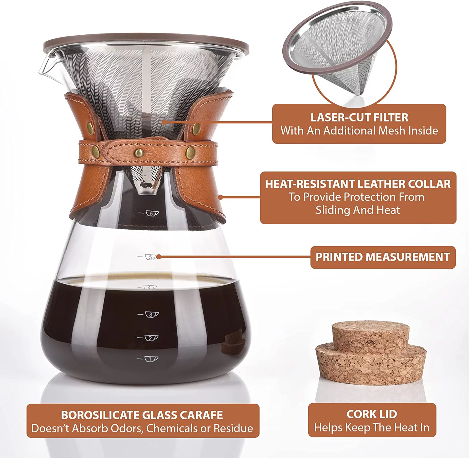 KAVAKO Pour Over Coffee Maker Set with Double-Layer Stainless Steel Filter, Cork Lid, and Leather Collar 37oz (7 cups)