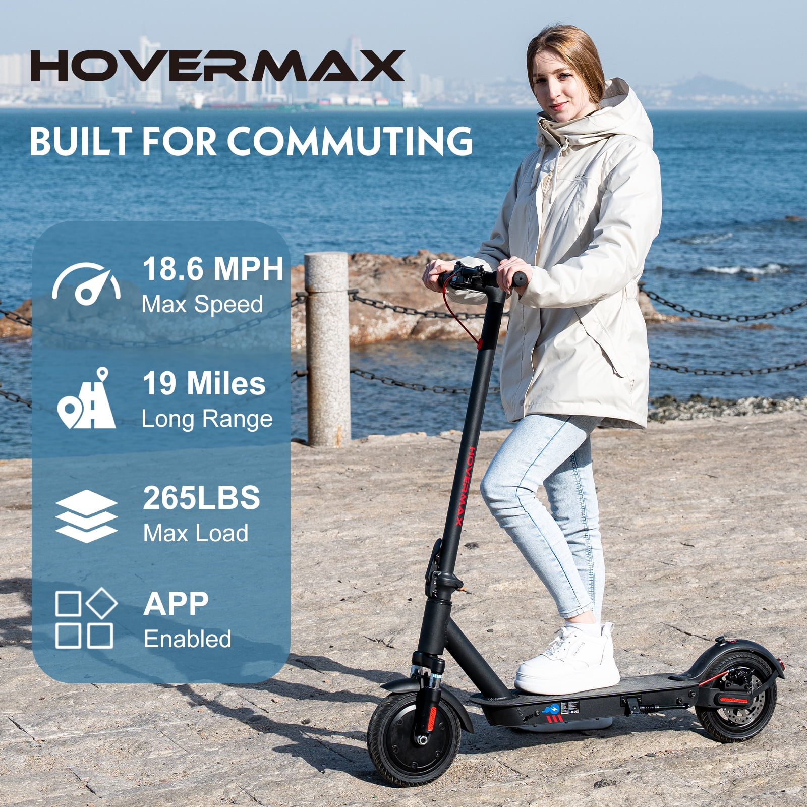 HOVERMAX Electric Scooter 350W Motor Up to 18.6 MPH & 19 Miles, 8.5” Solid Tires Adults Electric Scooter with APP Control, Foldable and Commute