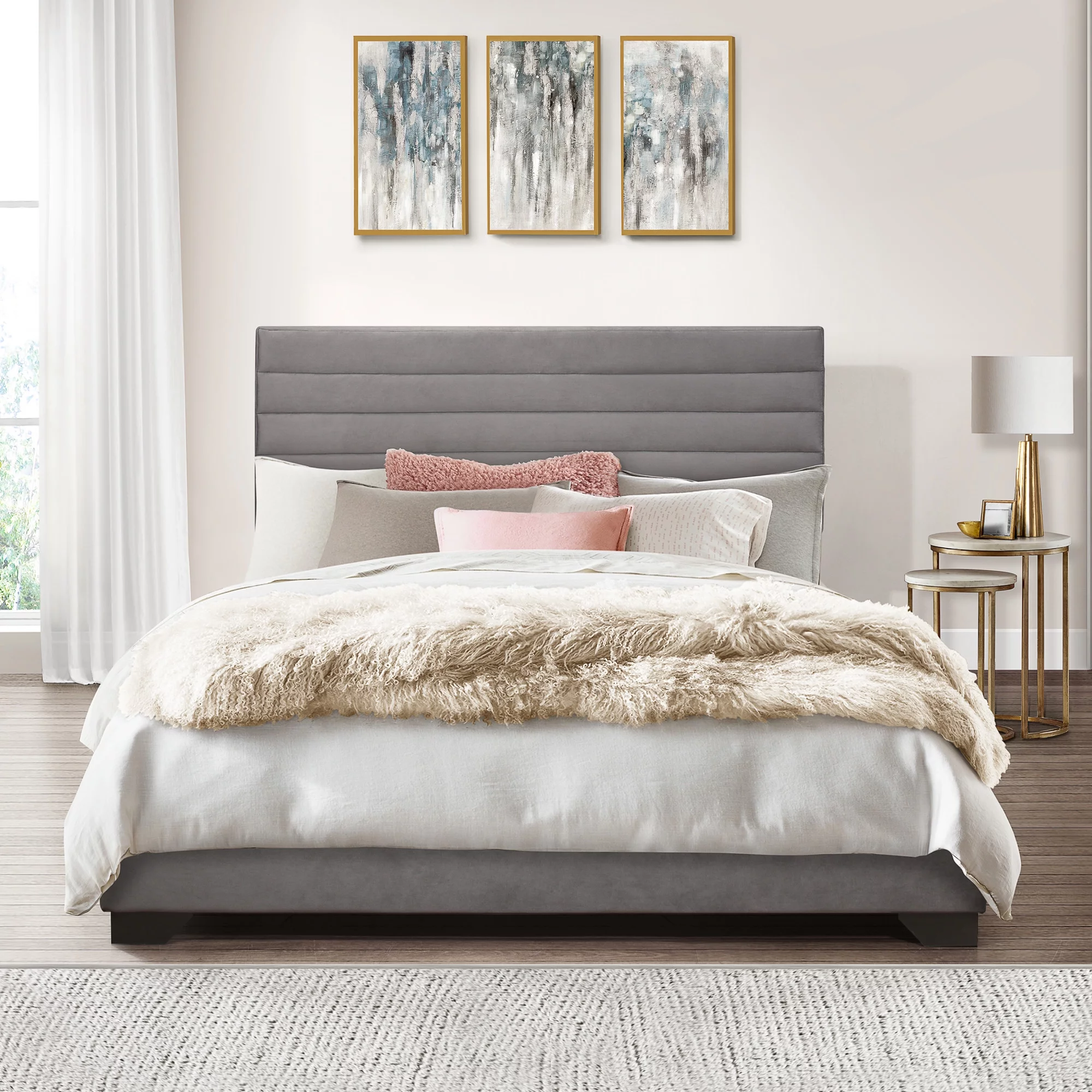 Edie Upholstered Queen Horizonal Tuft Platform Bed, Natural