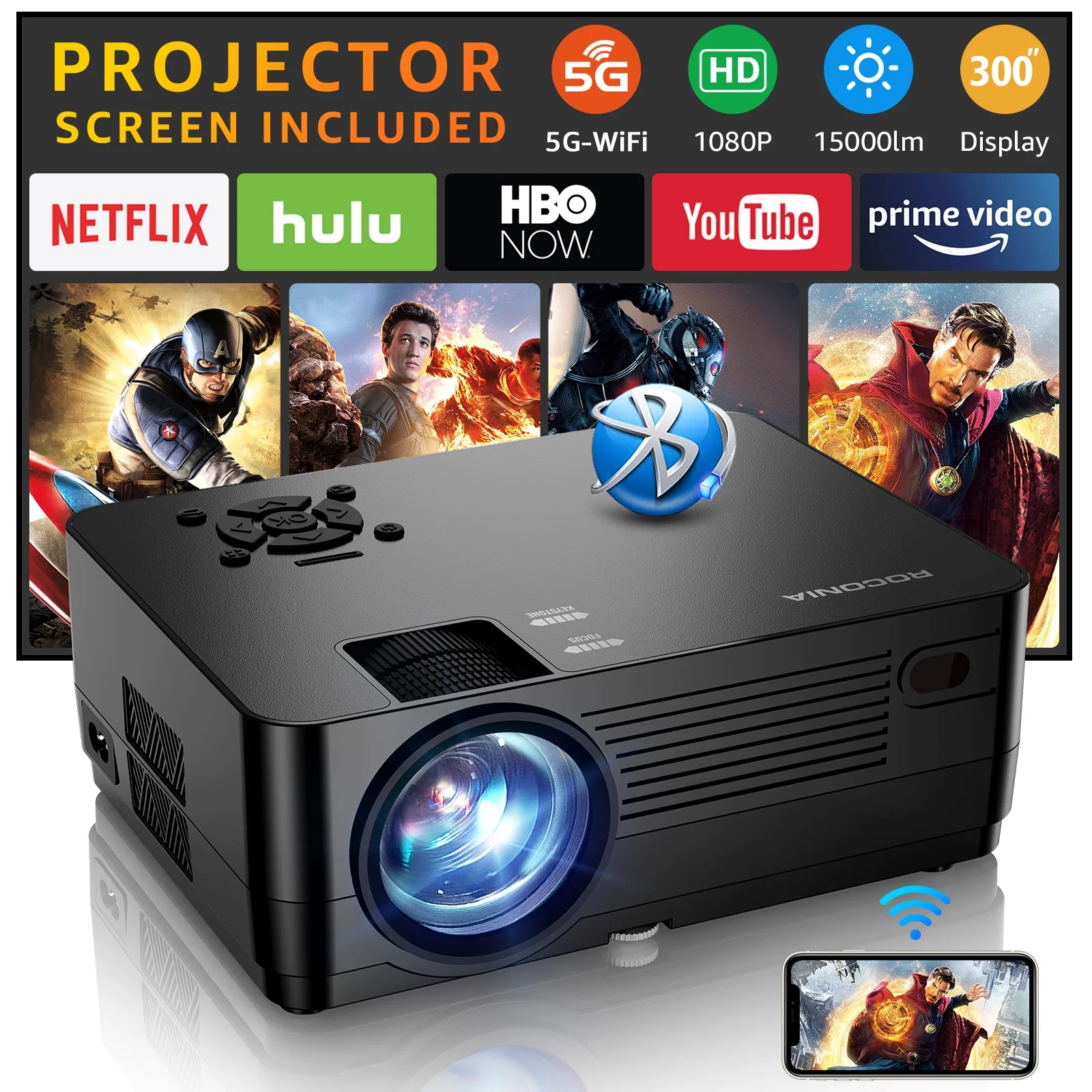 ROCONIA 5G WiFi Bluetooth Native 1080P Projector, 15000LM Full HD Movie Projector, LCD Technology 300″ Display Support 4k Home Theater,(Projector Screen Included)