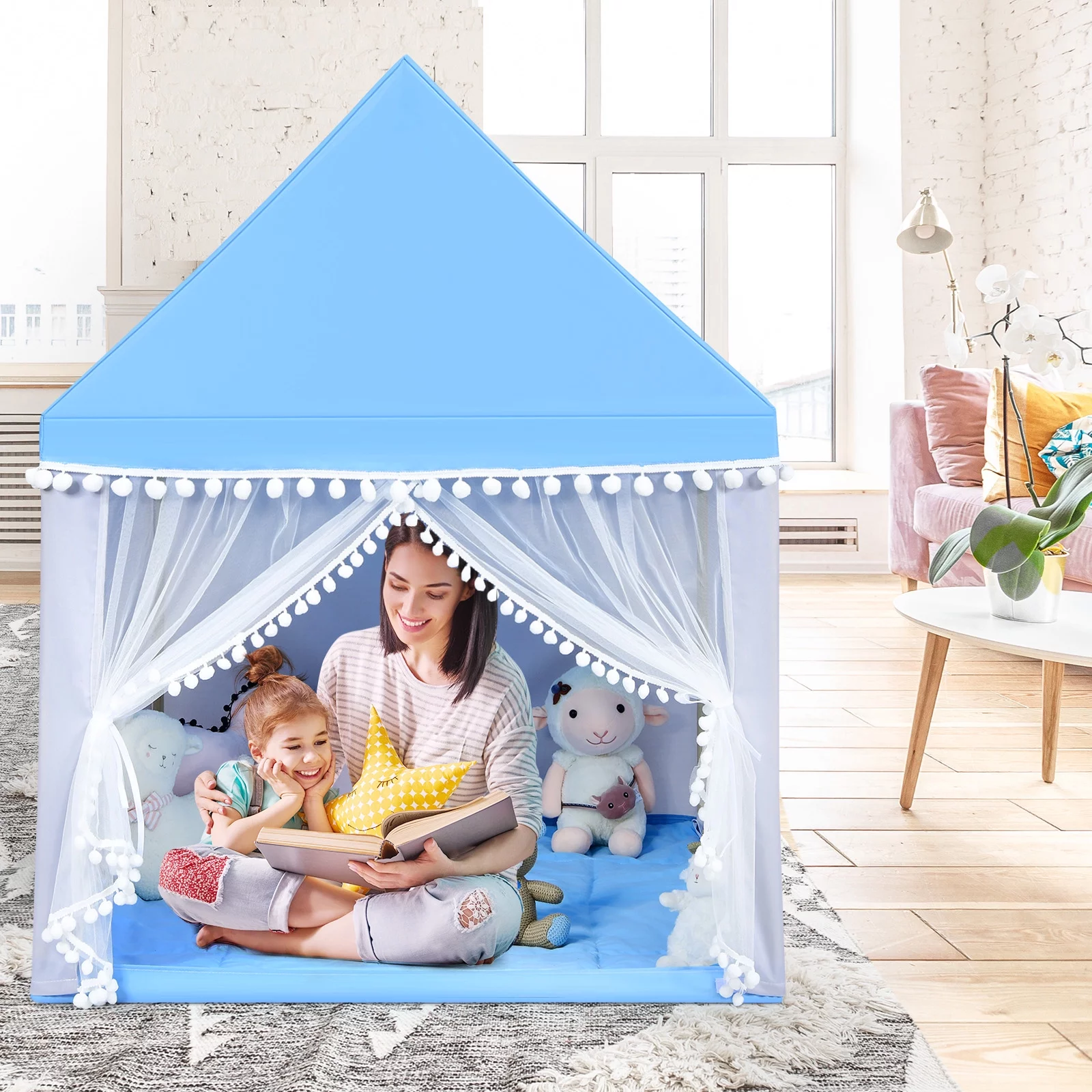 Costway Kids Play Tent Large Playhouse Children Play Castle Fairy TentGift w/ Mat Pink