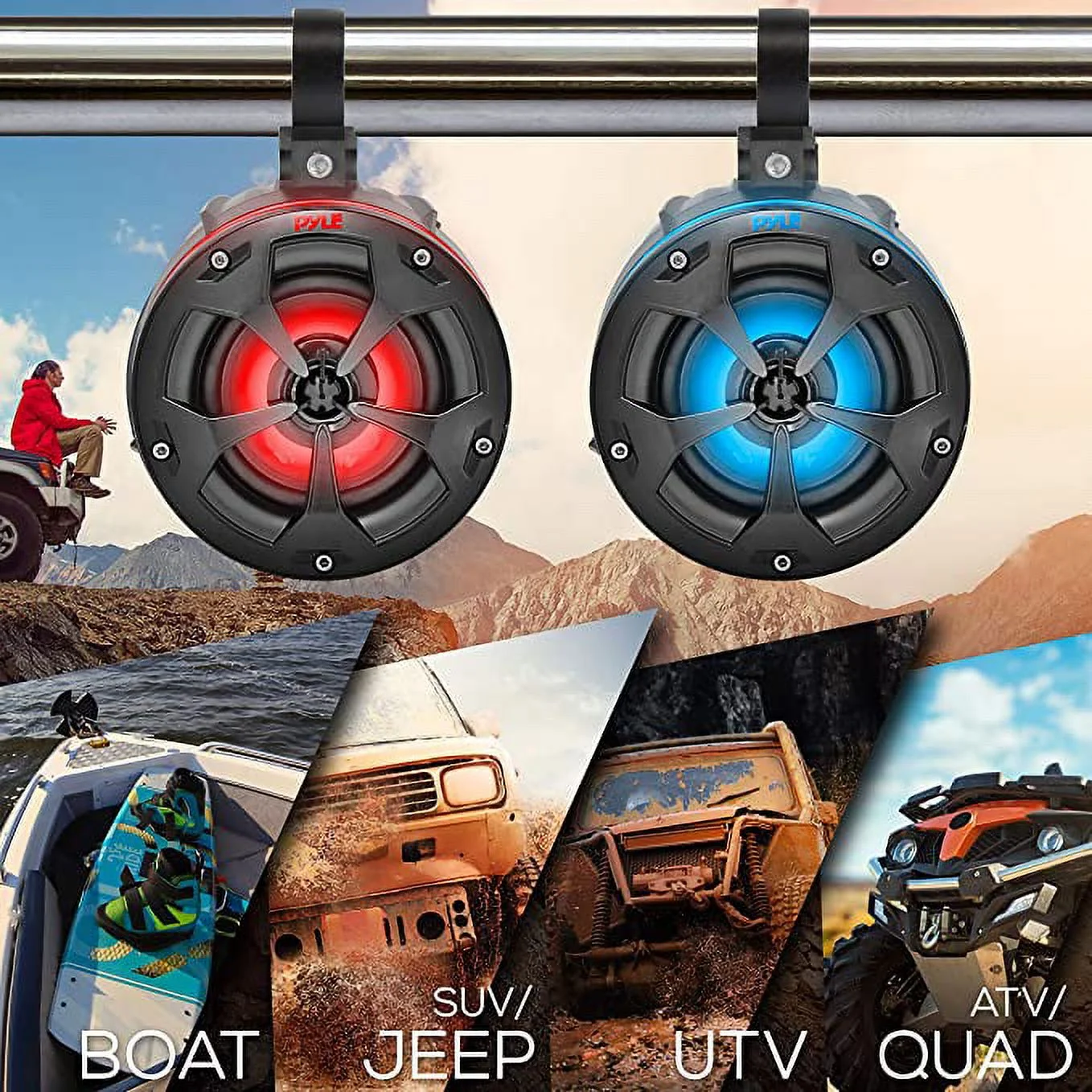 Pyle 2-Way Waterproof Off Road Speakers 4″ 800W Passive Marine Grade Wakeboard Tower RGB Speakers