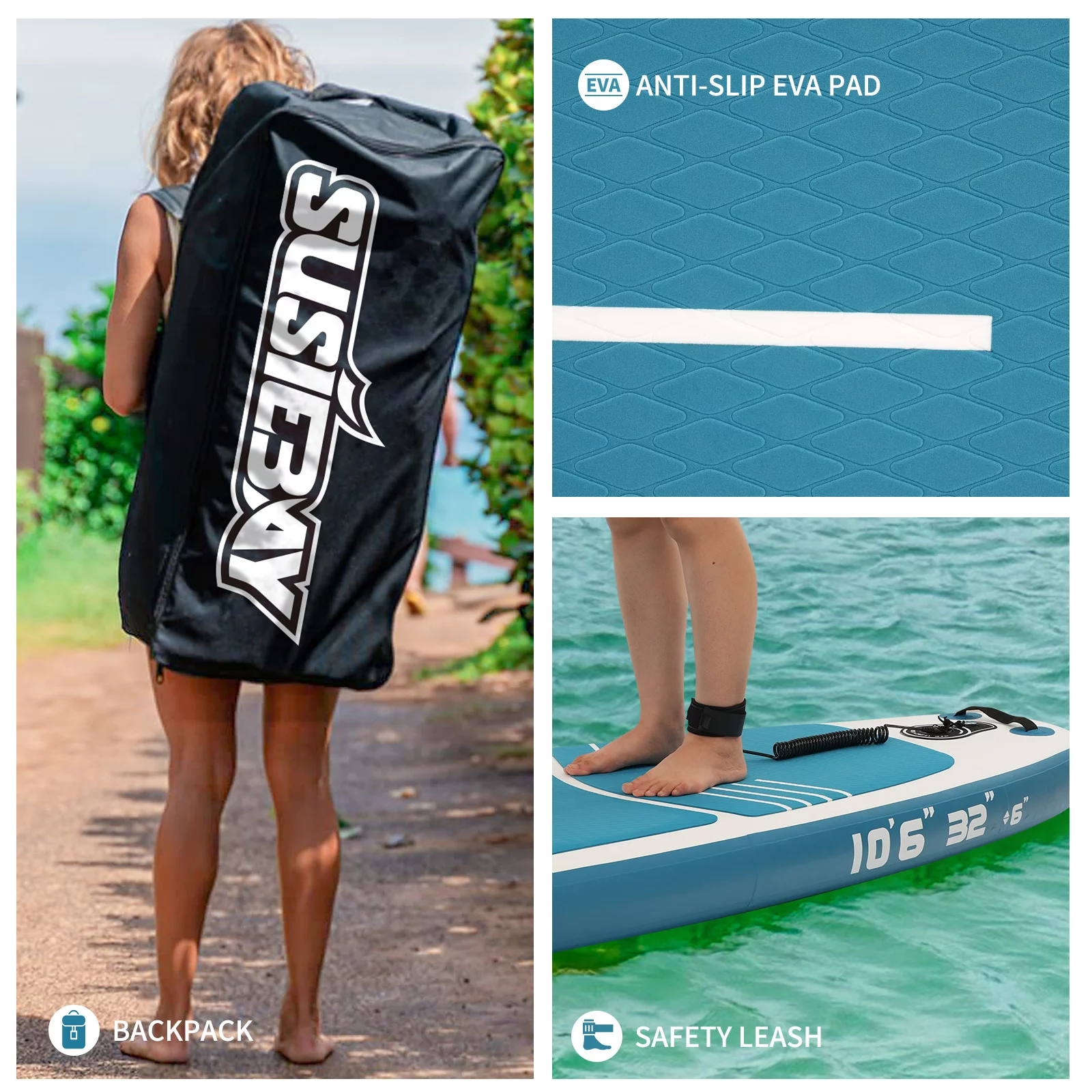 SUSIEBAY Inflatable Stand Up Paddle Board with Premium SUP Accessories and Surfing Backpack | 10’6?? 11ft #Black, Wide Stance, Surf Control, Non-Slip Deck, Paddle and Pump for Youth & Adult