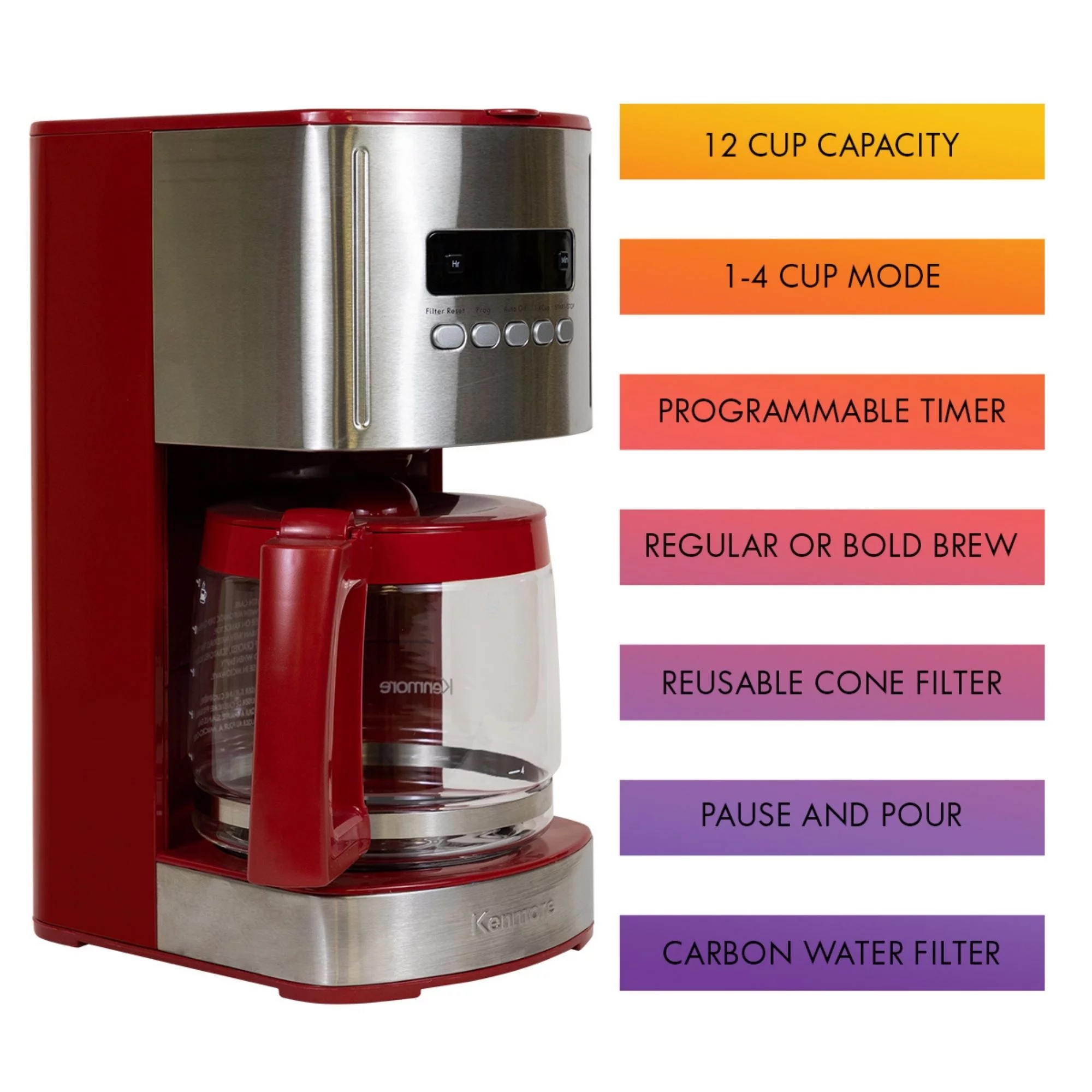 Kenmore 12 Cup Aroma Control Programmable Coffee Maker Strong Brew Selector Coffee Machine, Red