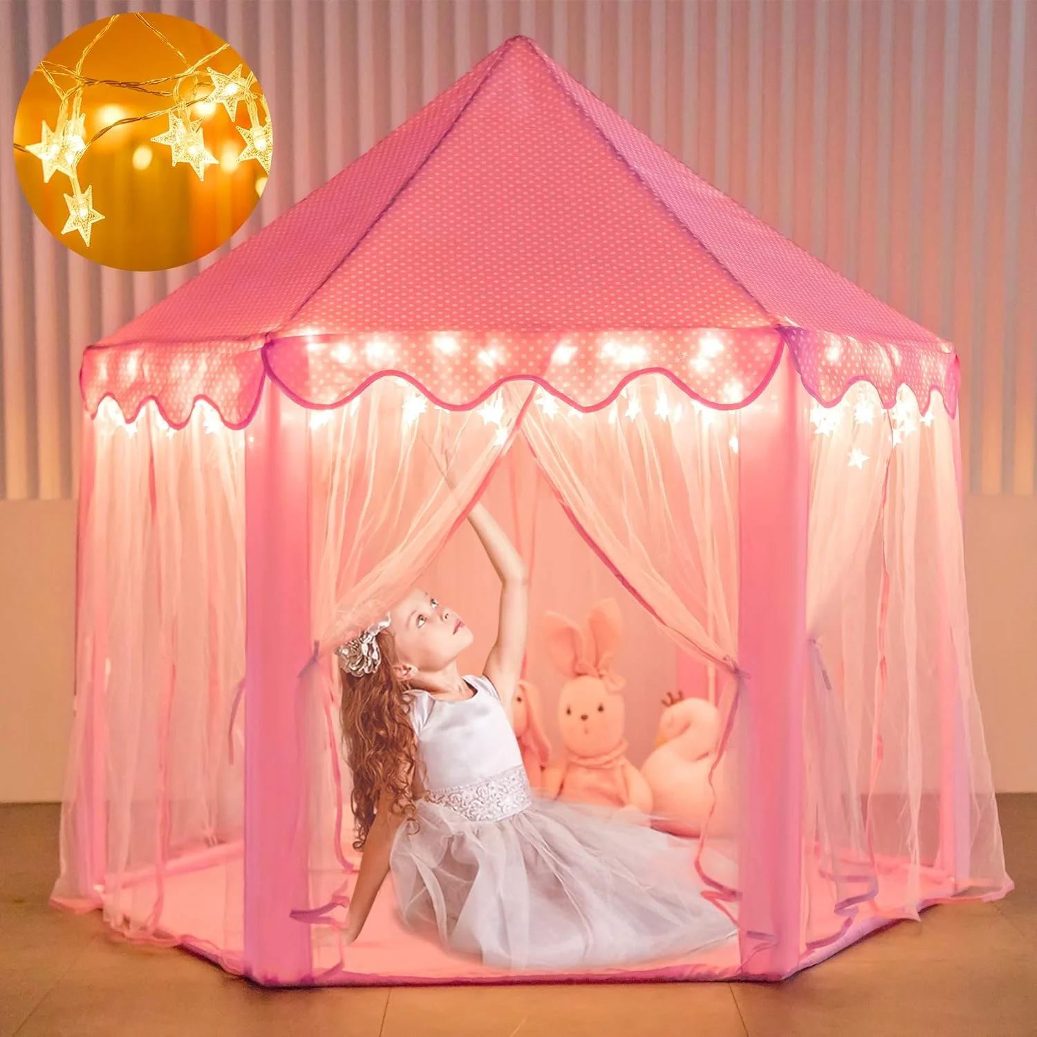 AOKESI Princess Castle Playhouse Tent for Girls, Outdoor Kids Play Tent with Fairy Star Lights, Large Princess Fairy Castle Pretend Play, Pink Tent Birthday Play Tent Toy Gifts for Kids