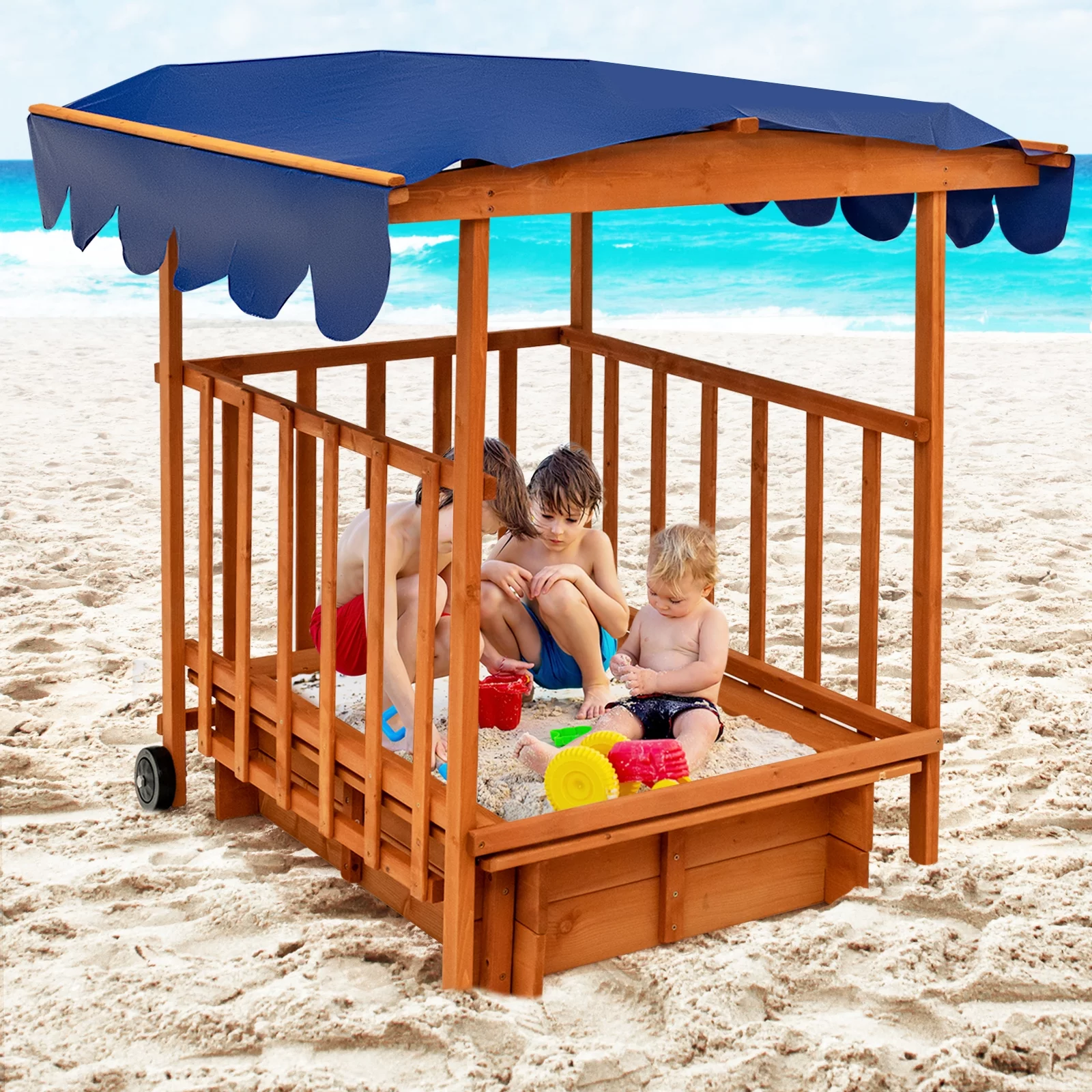 Infans Wooden Retractable Sandbox with Cover & Built-in Wheels Kids Outdoor Playhouse