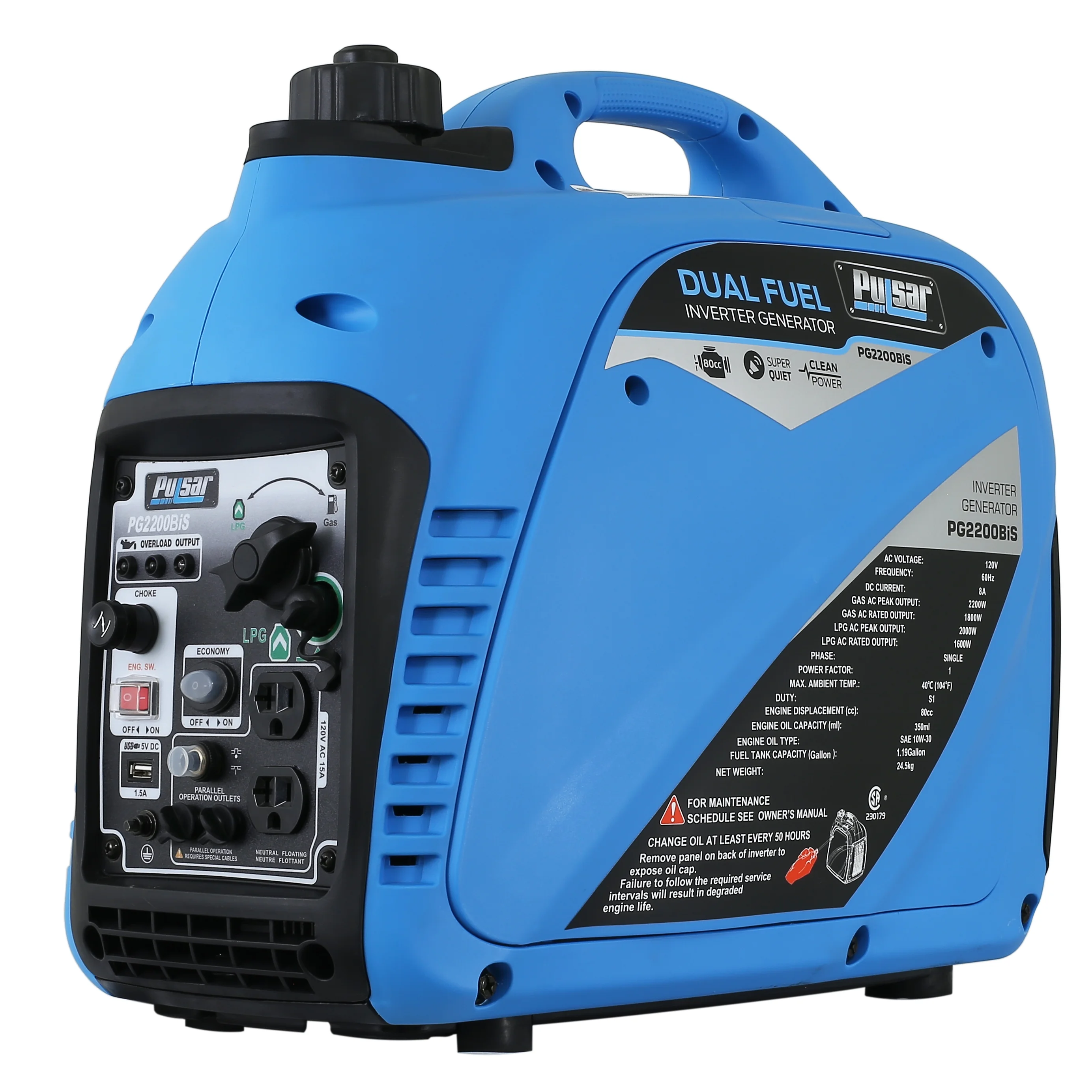 Pulsar 2,200 Watt Dual-Fuel Portable Inverter Generator – CARB Compliant