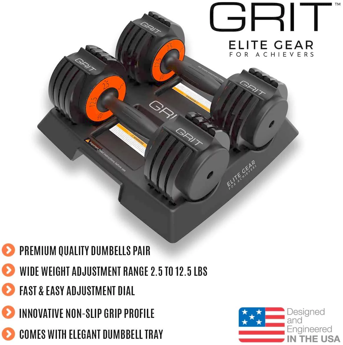 Grit Adjustable Dumbbells (Pair) – 2.5 to 12.5 lb – Fast Adjusting Weights with Tray for Men and Women