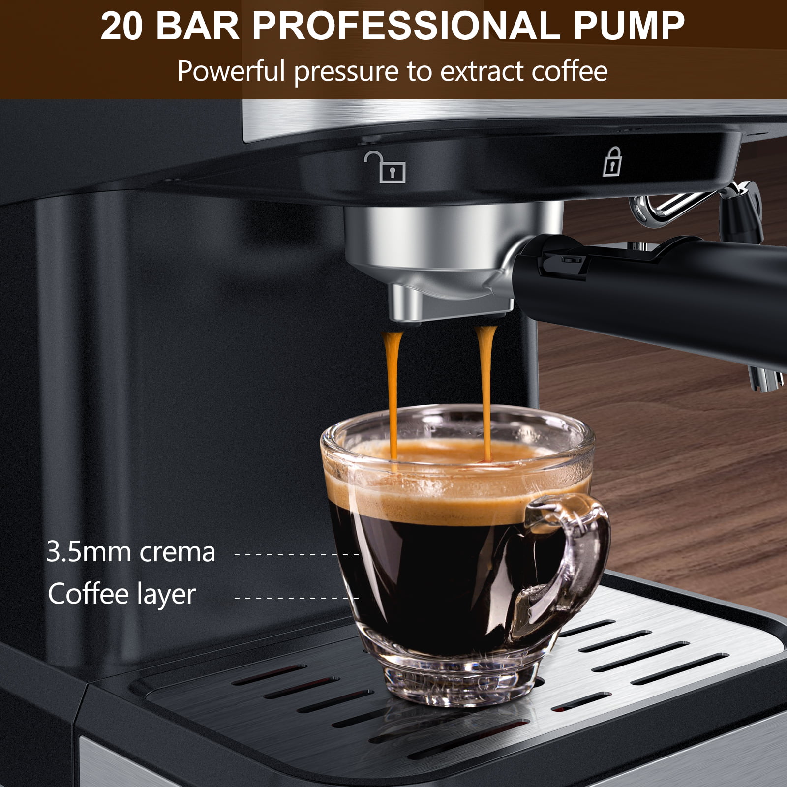 Espresso Machine with Milk Frother, 20 Bar Coffee Machine with 1.5L/50oz Removable Water Tank for Espresso/Latte/Cappuccino Machines, 1050W