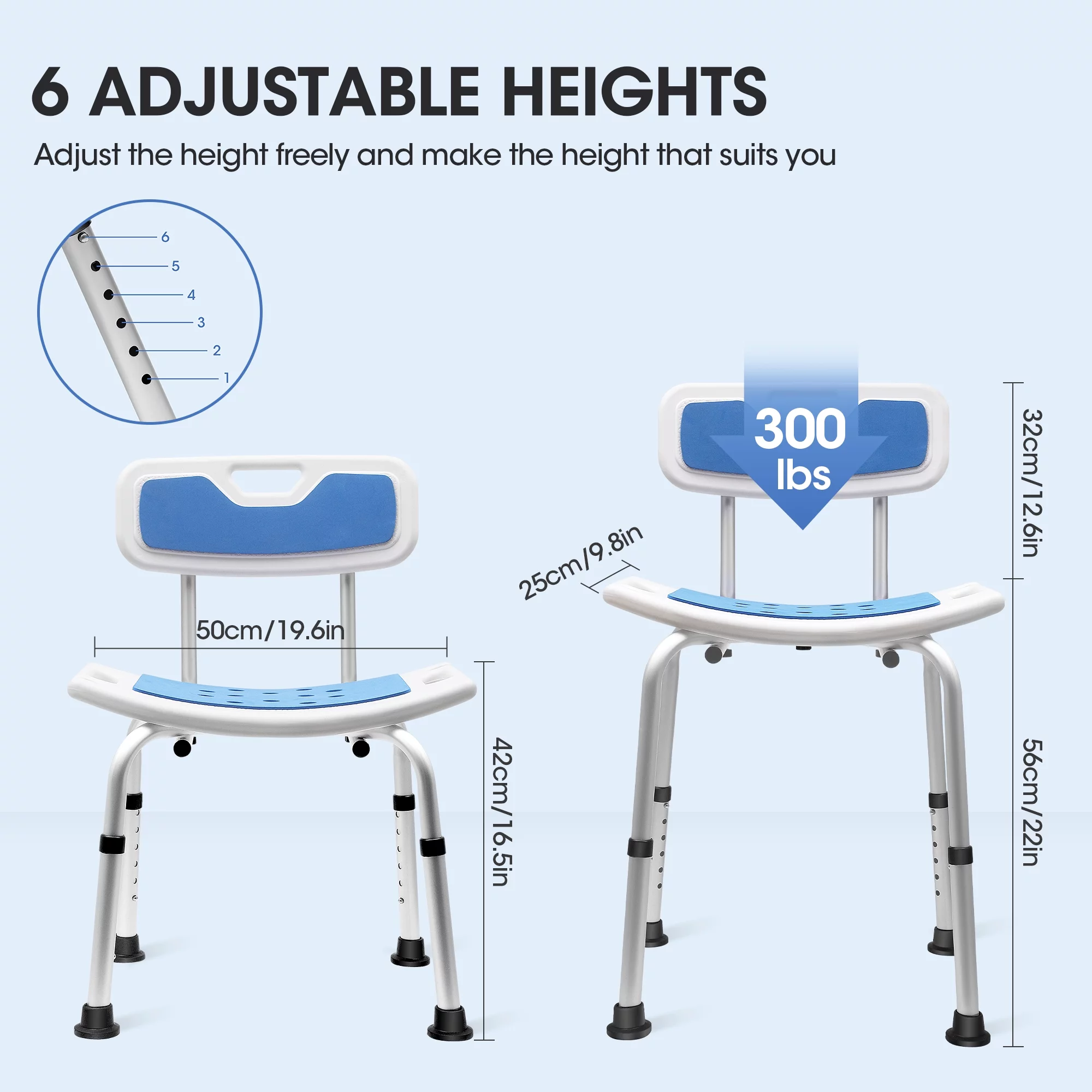 RELOIVE Bath Chair and Shower Chair with Back and Padded Armrests,Supports up to 300 lbs,Shower Seat for Elderly, Handicap, and Disabled,Height Adjustable