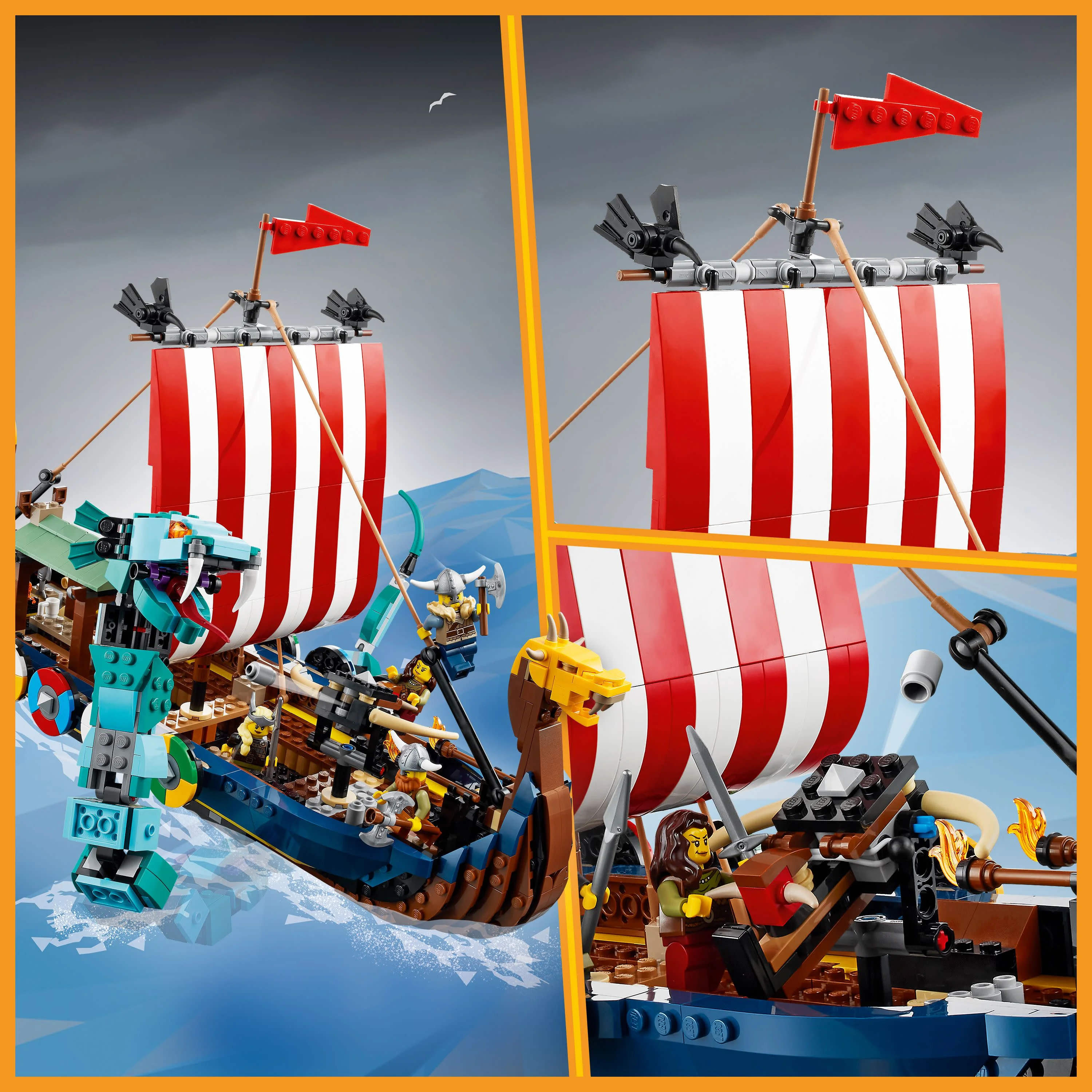 LEGO Creator 3 in 1 Viking Ship and the Midgard Serpent, Transforms from Amazing Ship to Viking House or Fenris Wolf Figure, Gifts for Kids, Boys, and Girls, 31132