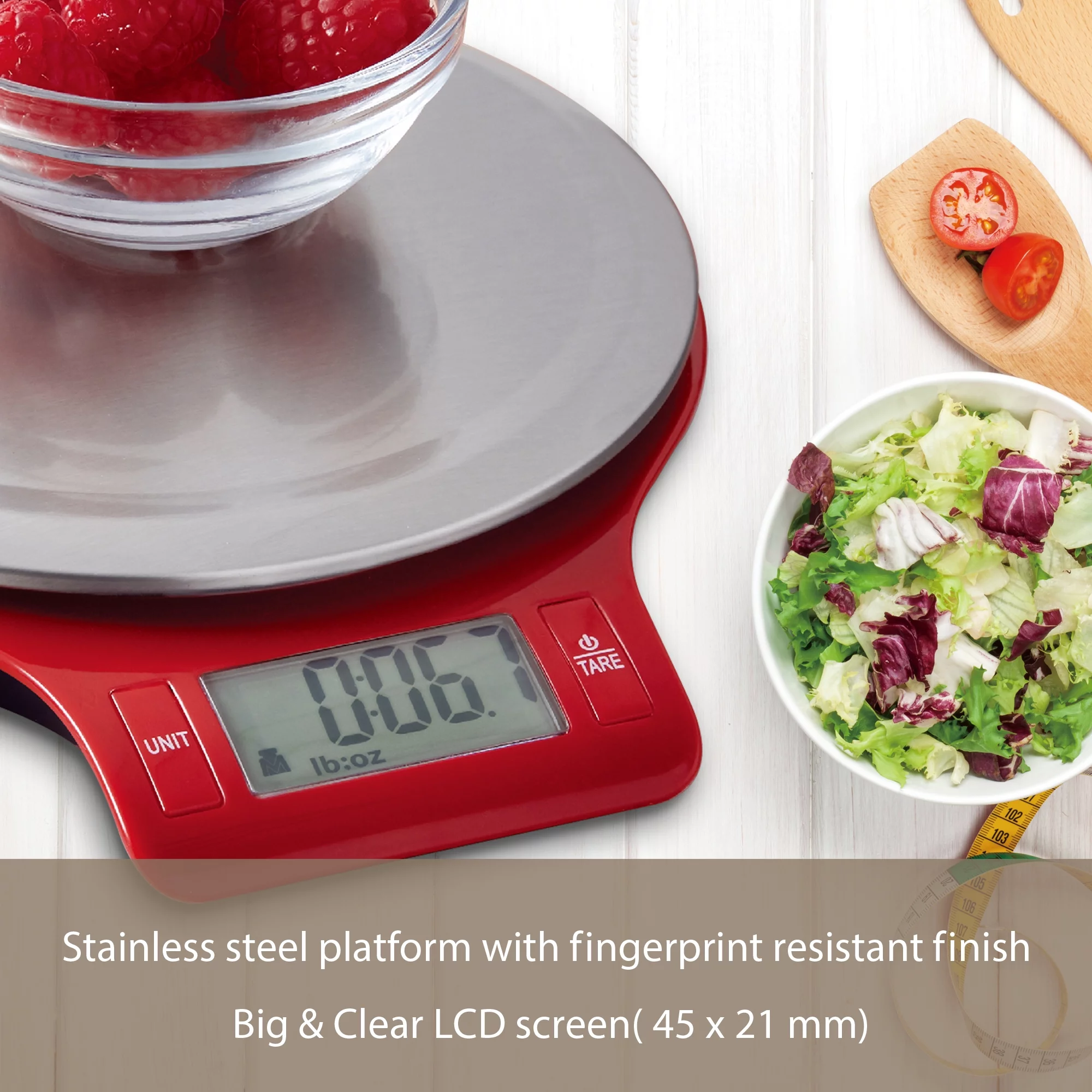 Mainstays Round Stainless Steel Digital Kitchen Scale, Red