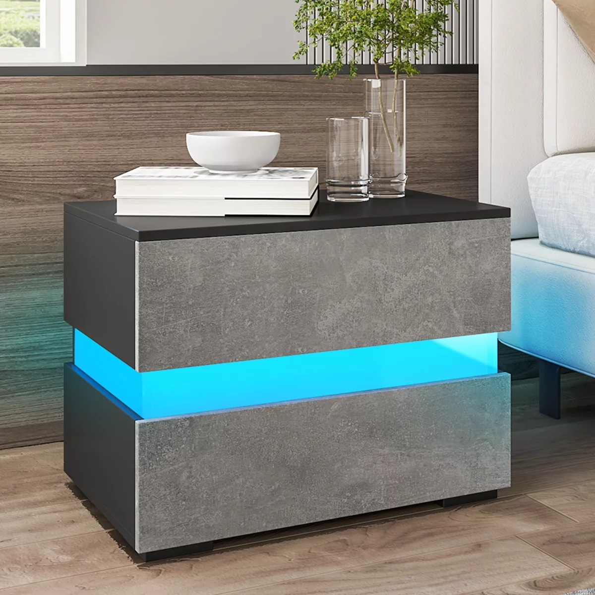 LED 2-Drawer Nightstand, Bedside Table with RGB LED Backlights, Bedroom Home Furniture