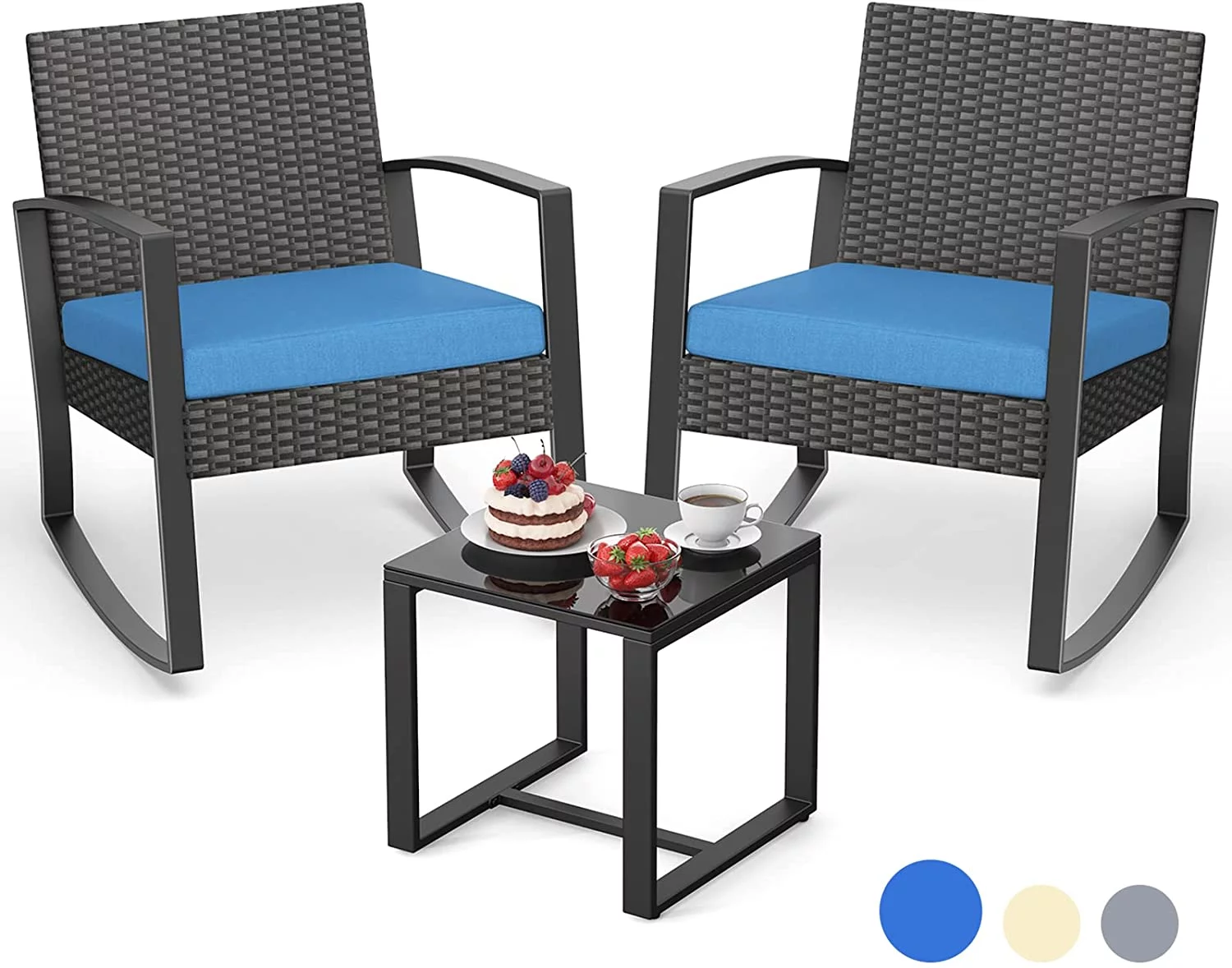 Lofka 3-Piece Patio Wicker Chairs Set with a Coffee Table, Balcony Furniture for Yard, Patio, Modern Garden and Bistro, Gray Cushion