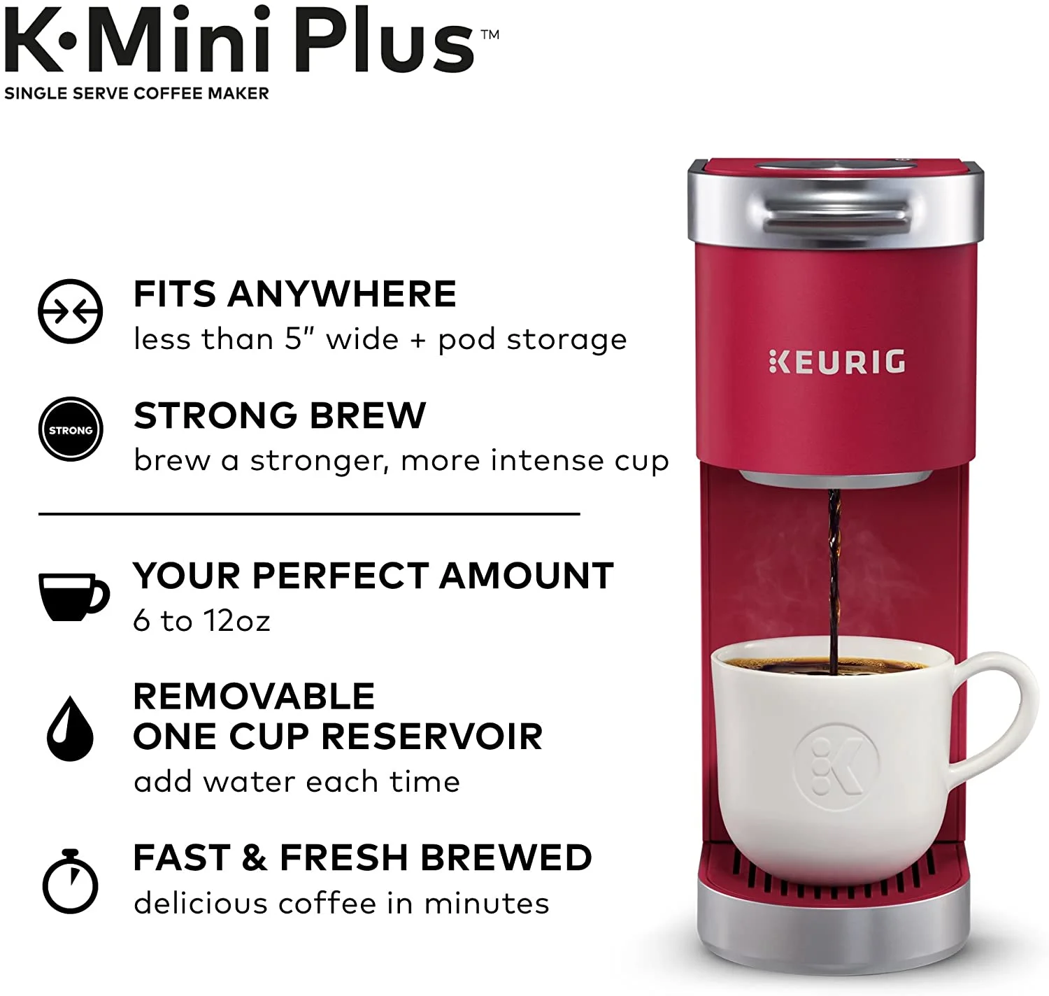 Keurig K-Mini Plus Maker Single Serve K-Cup Pod Coffee Brewer, Comes with 6 to 12 Oz. Brew Size, Storage, and Travel Mug Friendly, Cardinal Red