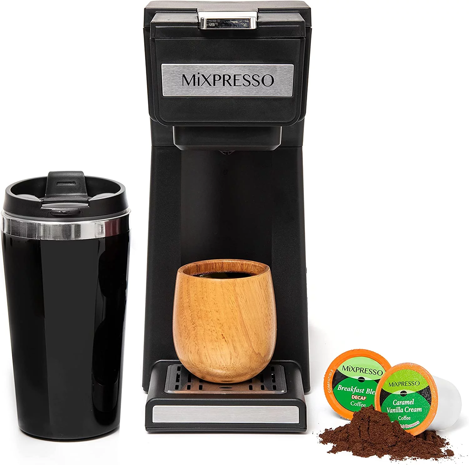 Mixpresso Single Serve Coffee Maker with K Cup Pods, 14oz Travel Mug, Reusable Filter and 30oz Removable Water Tank