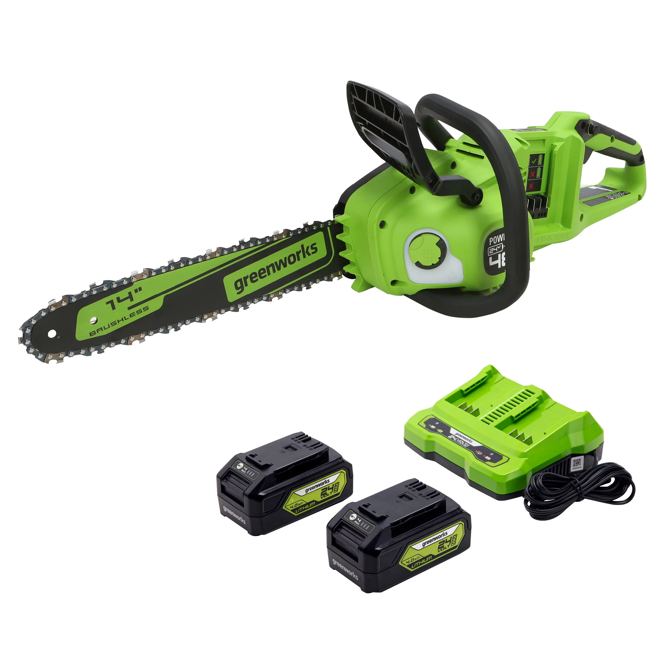 Greenworks 48V (2x24V) Cordless 14-inch Brushless Chainsaw, with (2) 4Ah USB Batteries and Dual Port Charger, 2017902