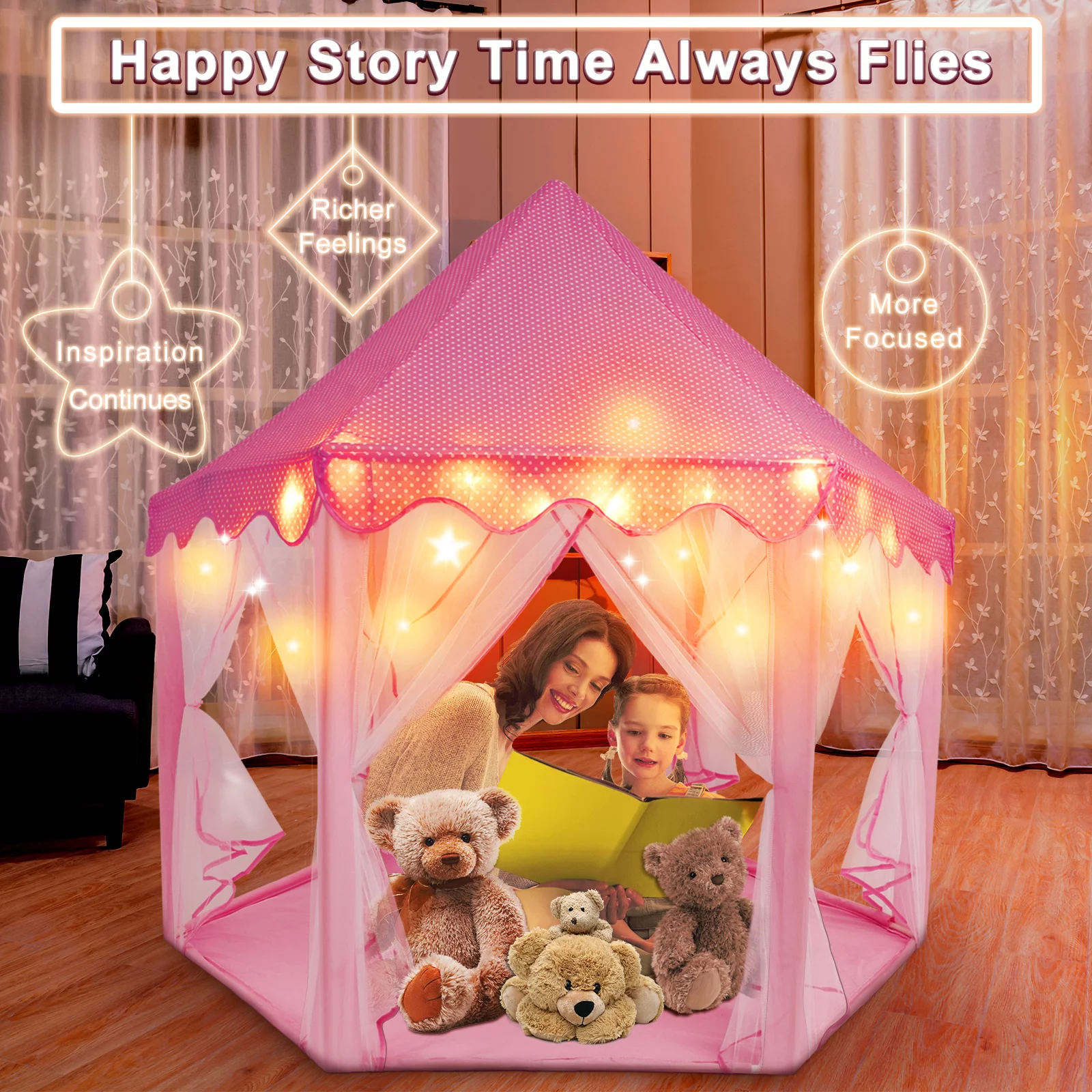 AOKESI Princess Castle Playhouse Tent for Girls, Outdoor Kids Play Tent with Fairy Star Lights, Large Princess Fairy Castle Pretend Play, Pink Tent Birthday Play Tent Toy Gifts for Kids