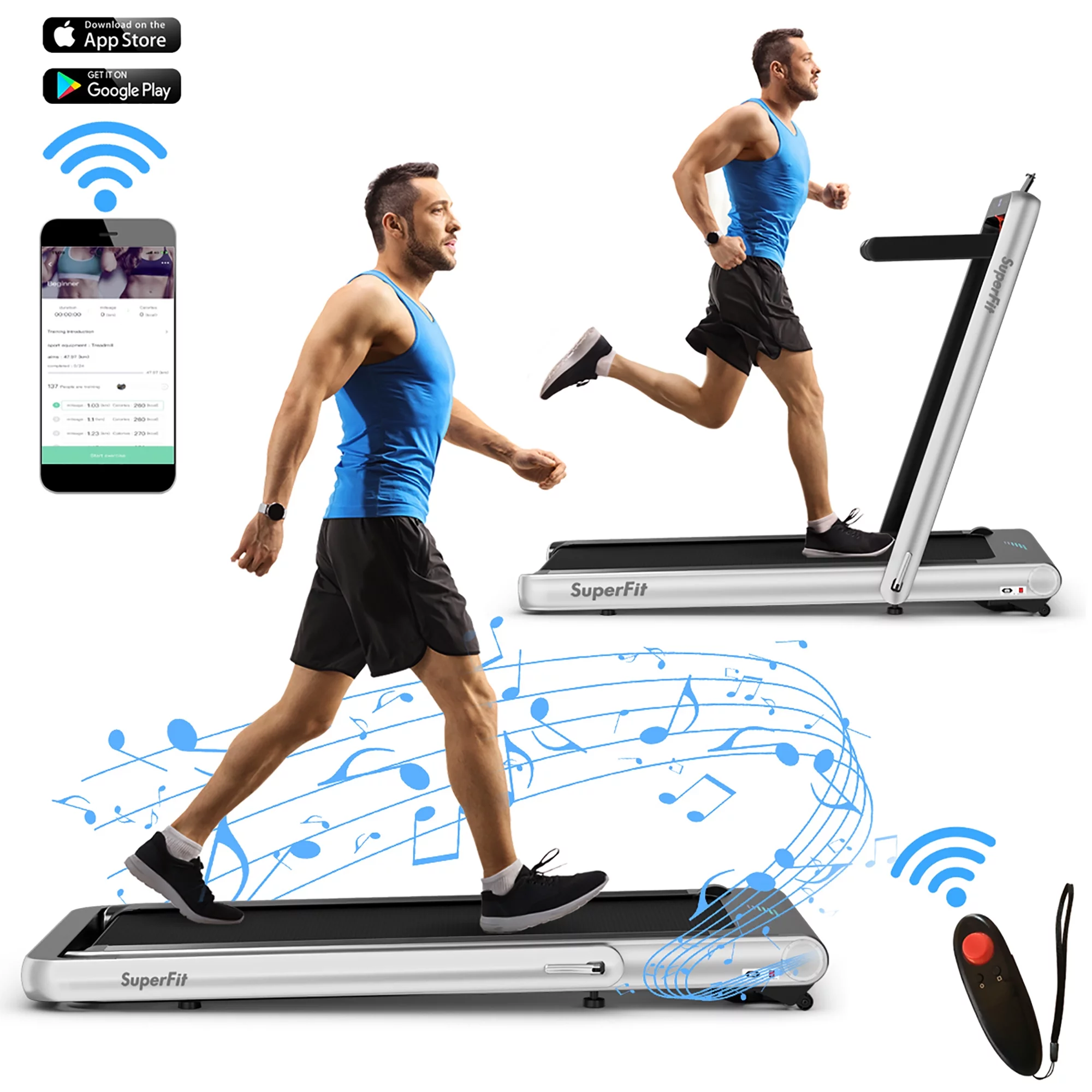 SuperFit 4.75HP 2 In 1 Folding Treadmill W/Remote APP Control White