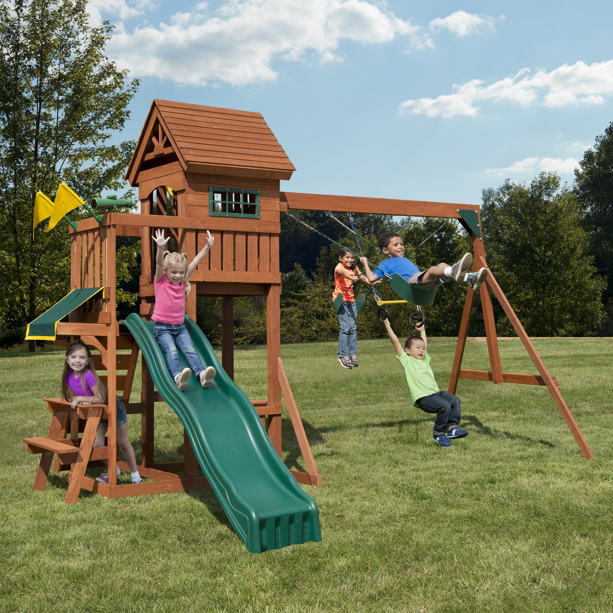 Swing-N-Slide Playful Palace Wooden Backyard Swing Set with Slide, Wood Roof, Swings, and Climbing Wall