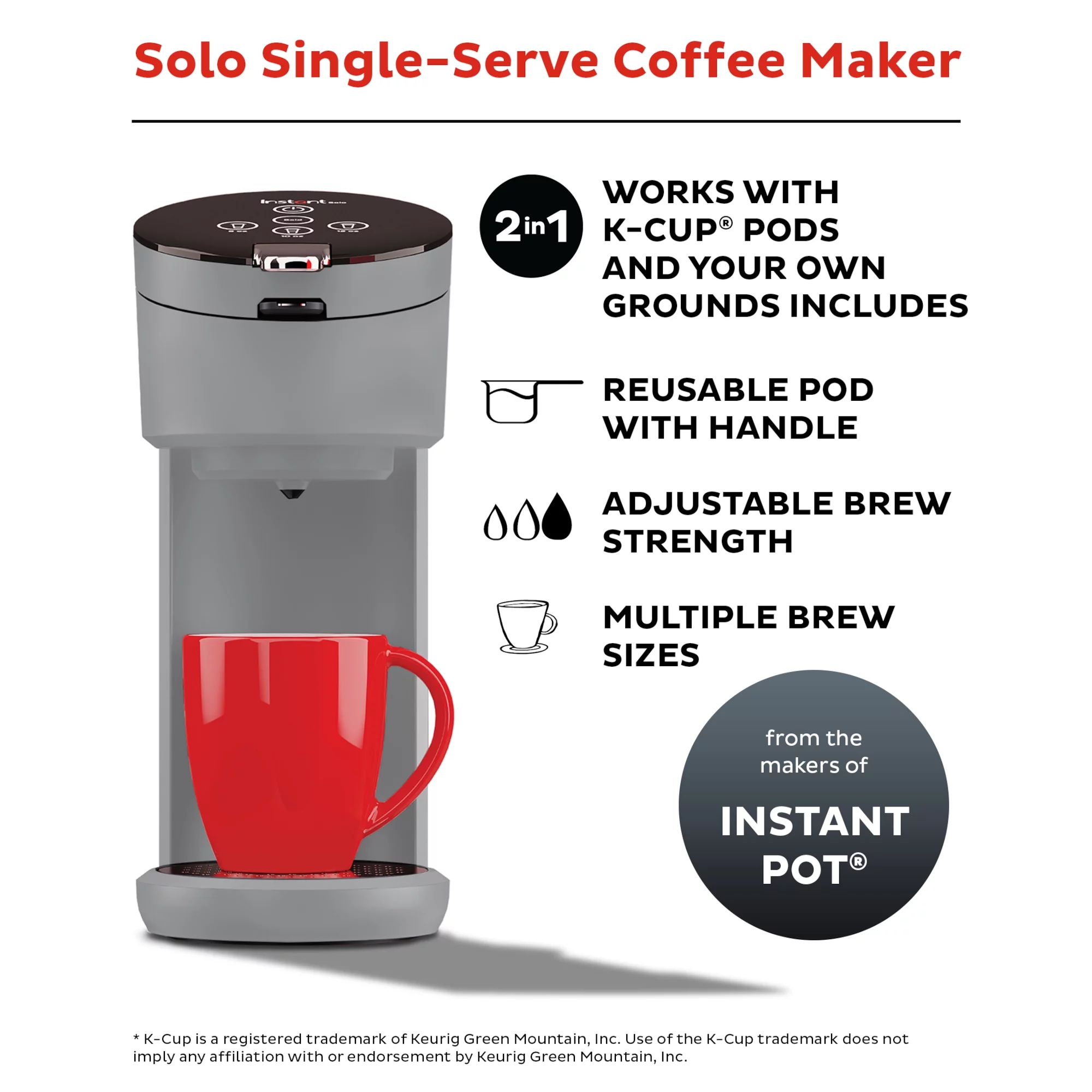 Instant Solo 2-in-1 Single Serve Coffee Maker for Ground Coffee or K-Cup Pods with 3 Brew Sizes, Maroon Red