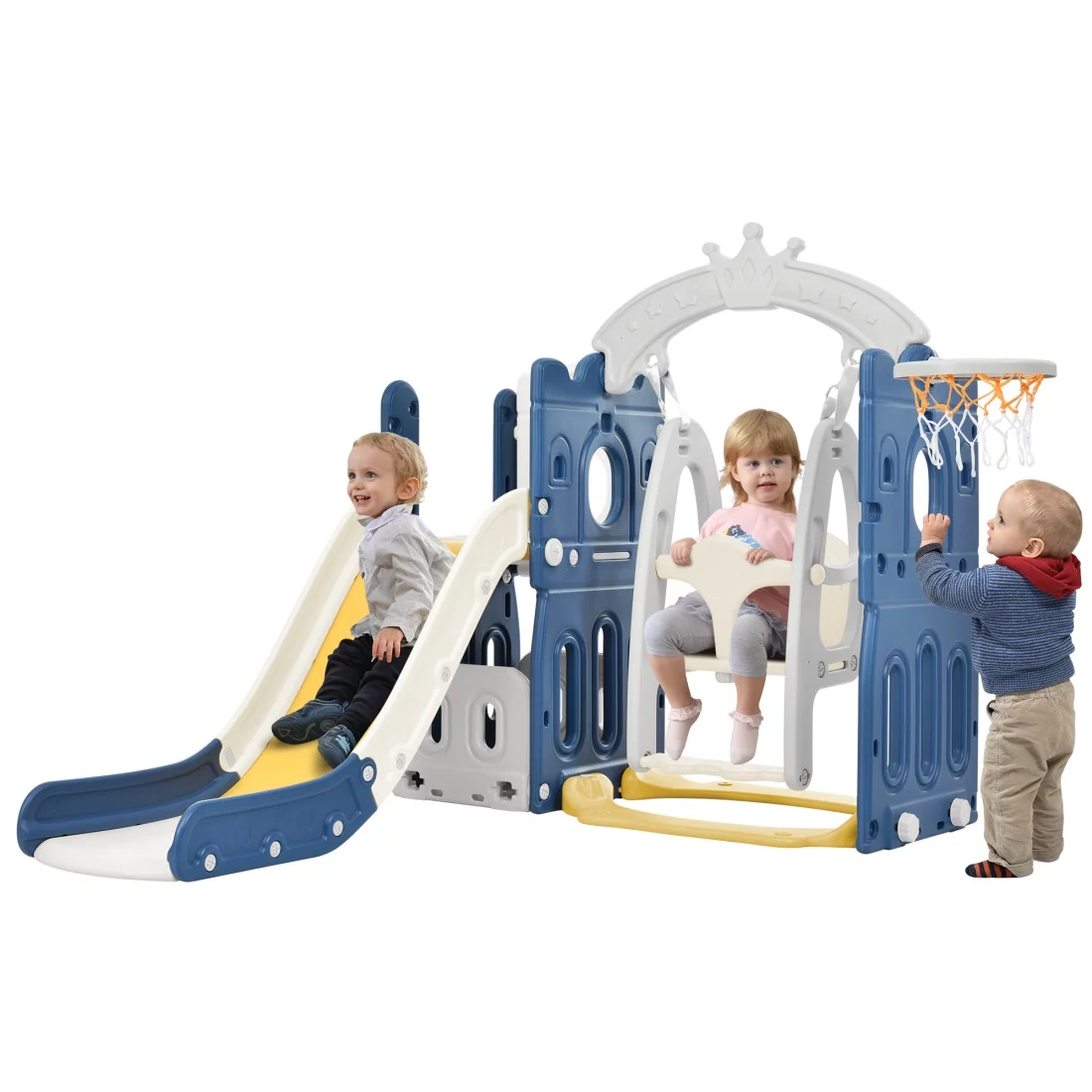 5-in-1 Toddler Slide and Swing Set, Indoor Outdoor Slide Climber Bus Playset with Basketball Hoop Freestanding Combination, Kids Playground Climber Slide Playset, Outdoor Playground Slide, Gray