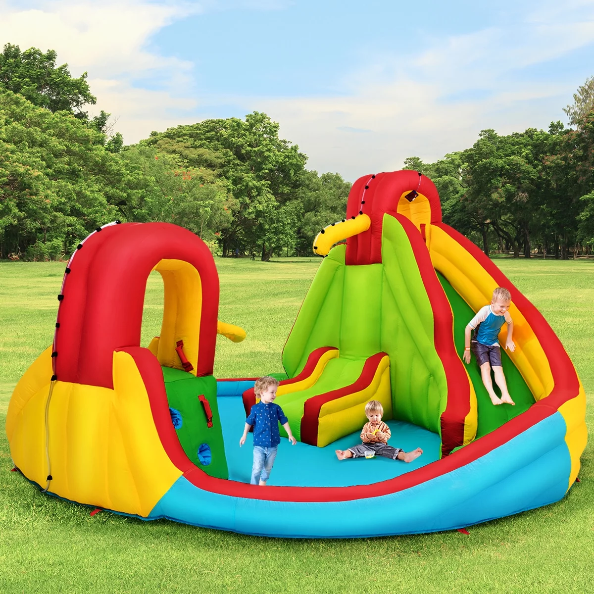 Kids Inflatable Water Slide Park with Climbing Wall Water Cannon and Splash Pool