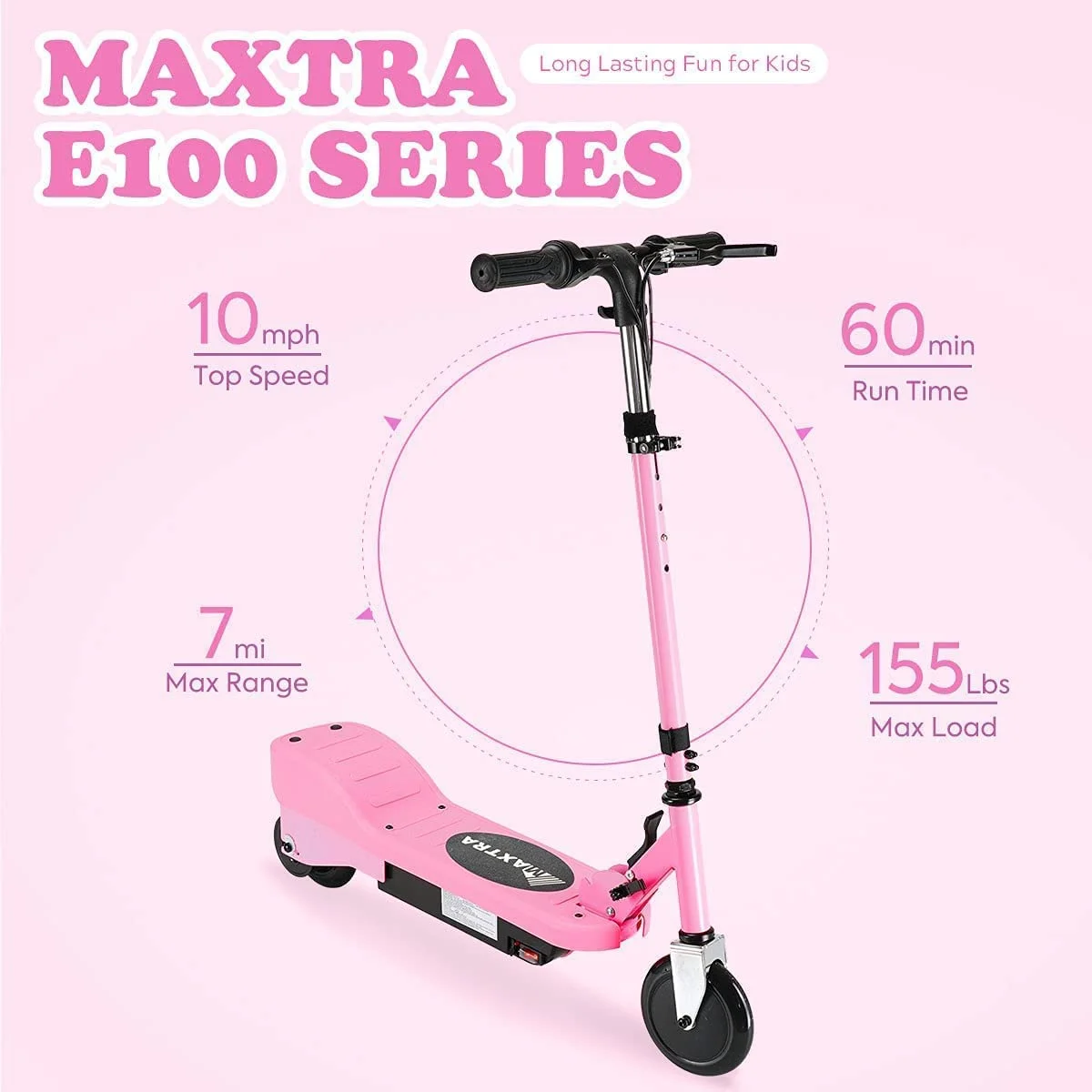 Maxtra Folding Electric Scooter, Adjustable Handlebar for Kids Ages 6-12, 60 Min Run Time Pink