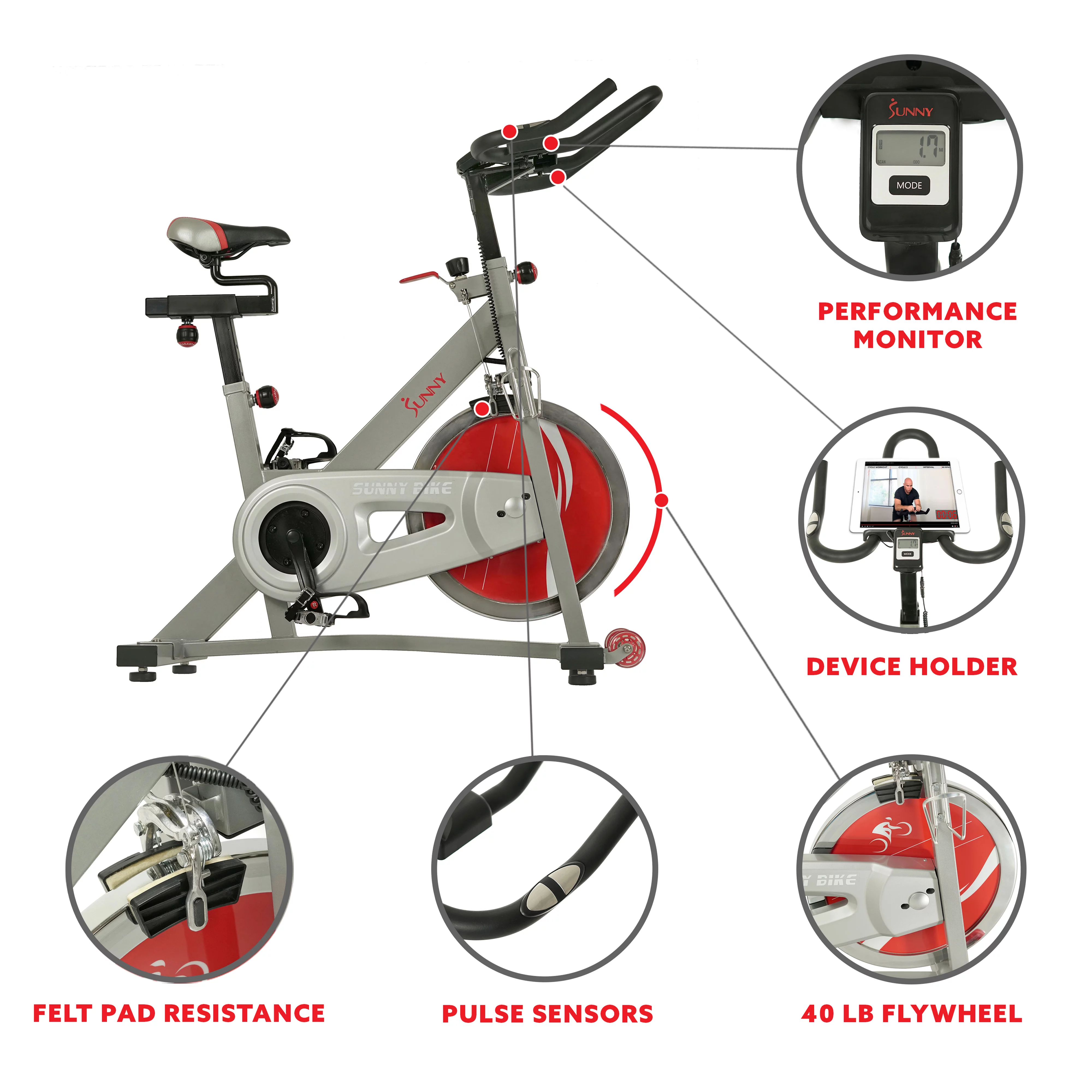 Sunny Health & Fitness Stationary Belt Drive Pro II Indoor Cycling Exercise Bike w/ 40 lb Flywheel, Home Cardio Workout, SF-B1995