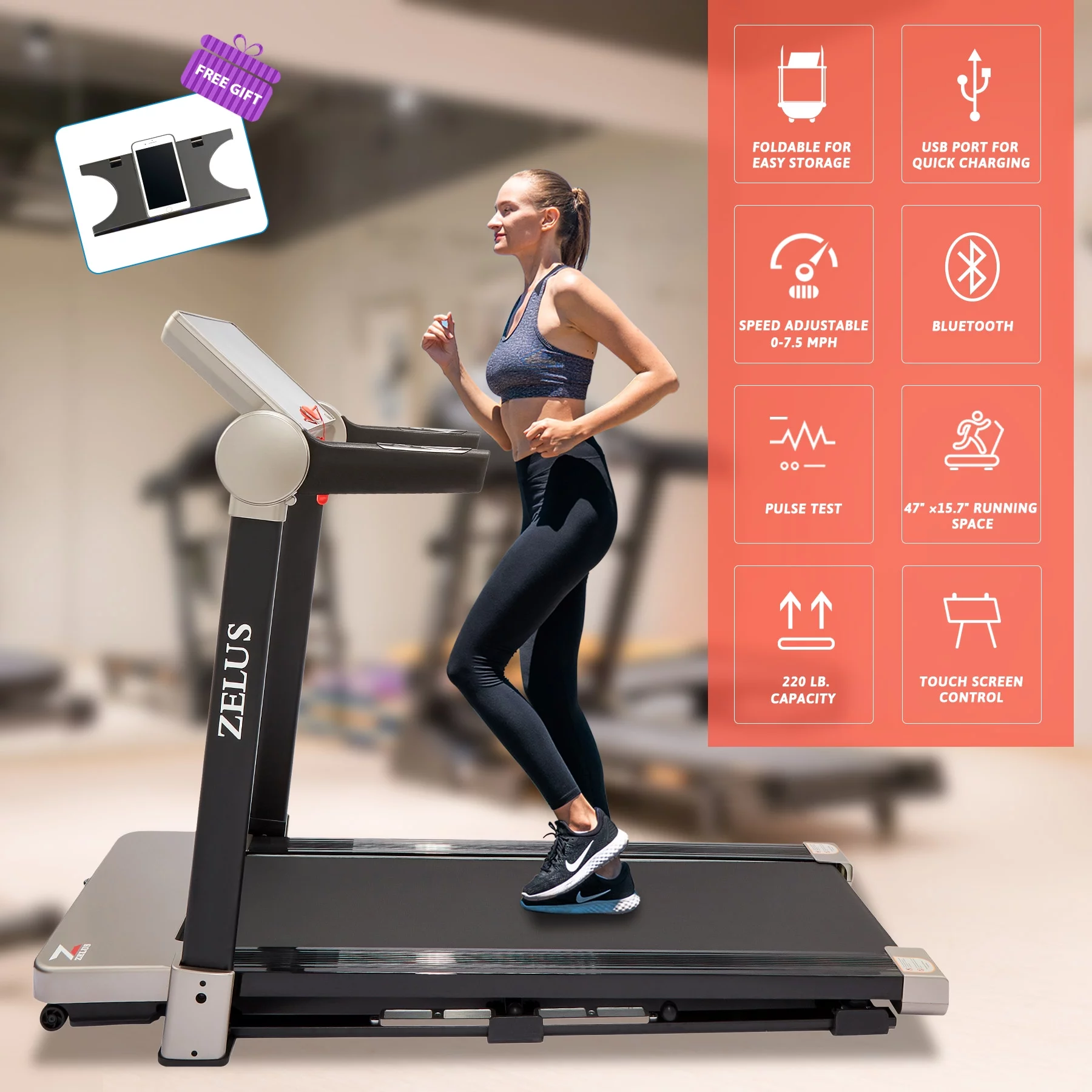 Elkmont 3HP Smart Folding Treadmill with Bluetooth & Magnetic Shock Absorption, 7.5mph