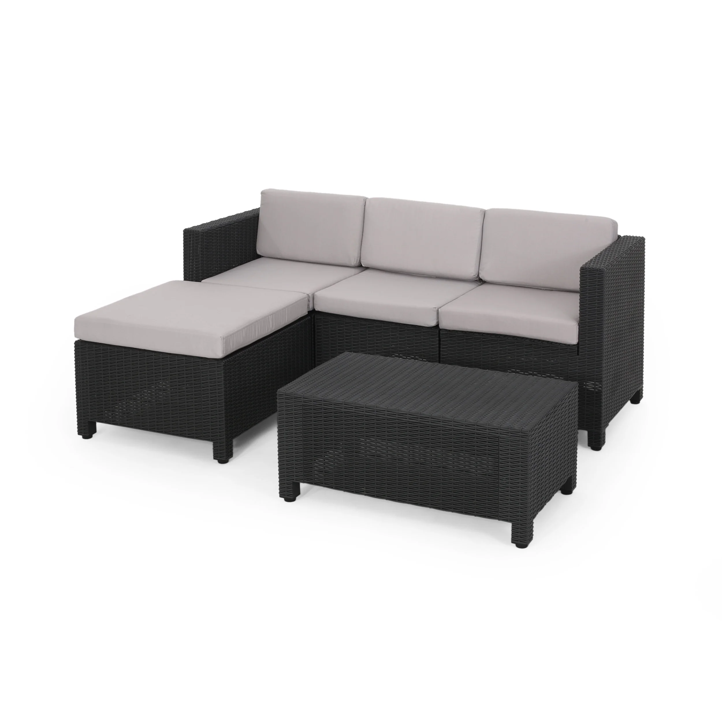 GDF Studio Riley Outdoor Faux Wicker 3 Seater Sectional Set with Ottoman, Gray