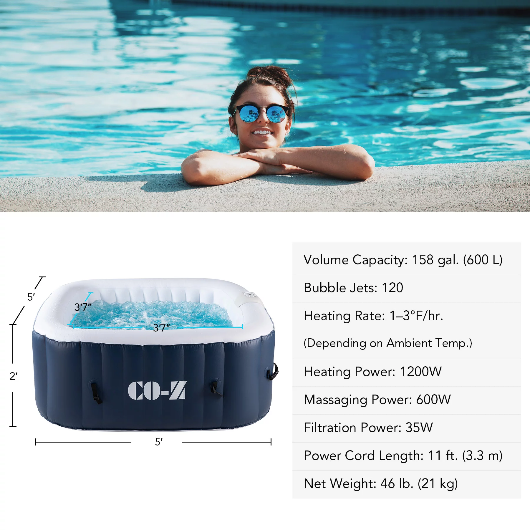 CO-Z 5x5ft PVC Inflatable Spa Tub with Heater & 120 Massaging Jets for Patio & More Blue for 4-Person, CO-Z