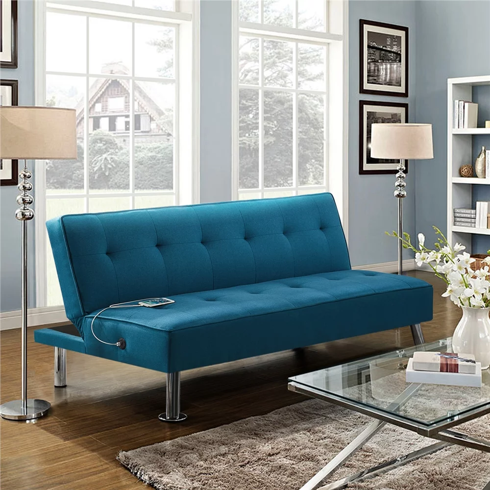 Alden Design Modern Fabric Convertible Futon with USB, Blue