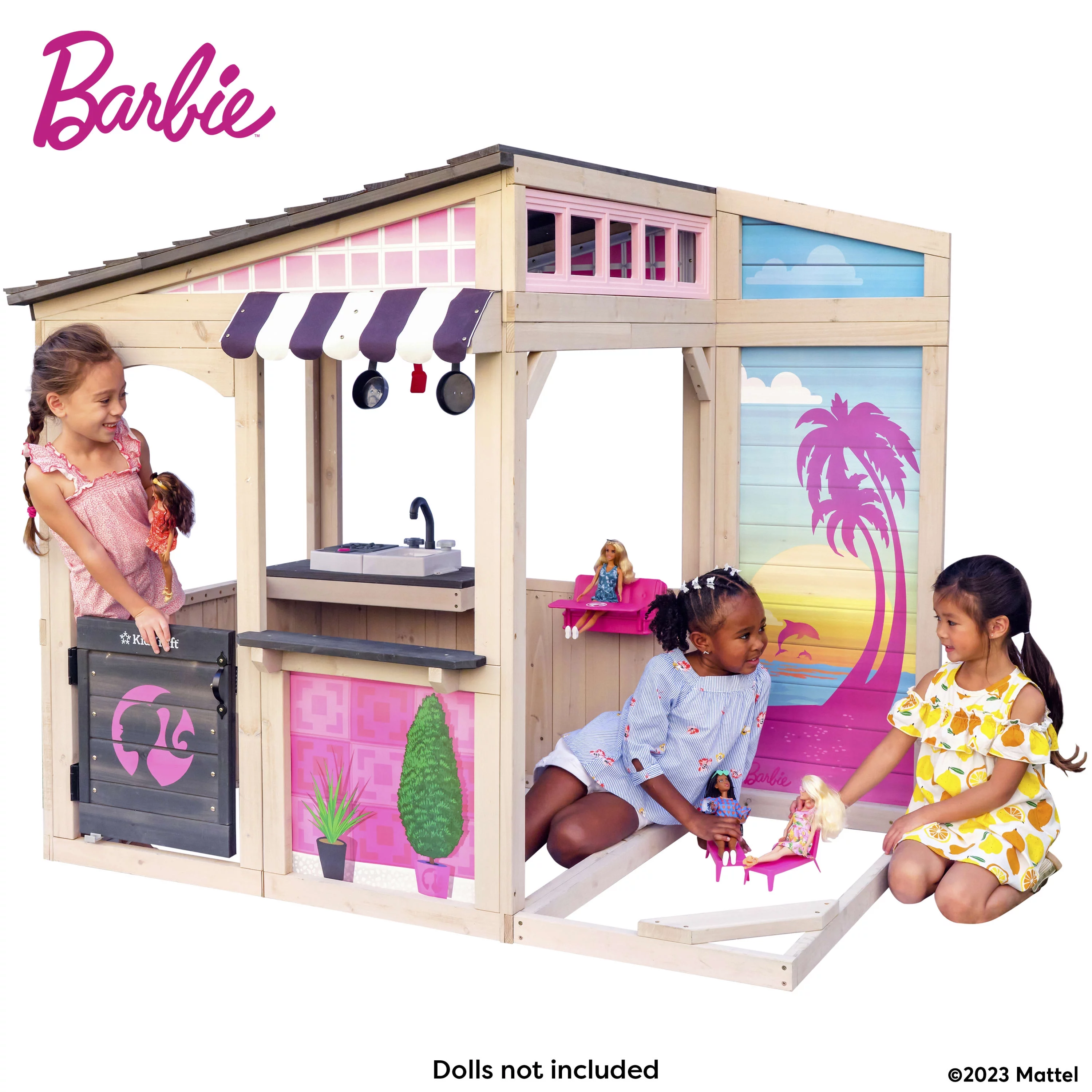 KidKraft Barbie Seaside Wooden Outdoor Playhouse with Attachable Doll Table and Chairs