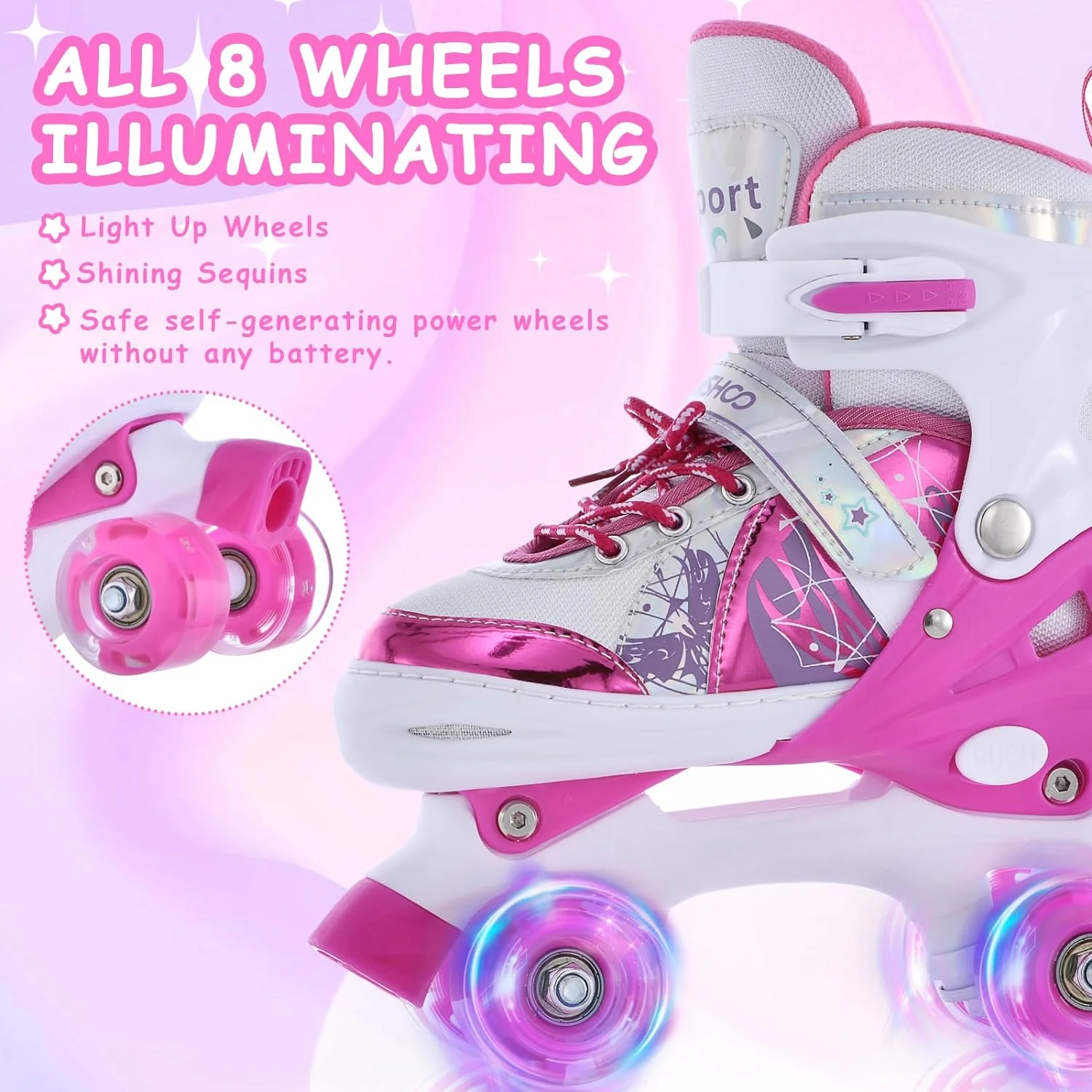 Roller Skates for Girls Boys for Kids 4 Size Adjustable Light Up Purple M