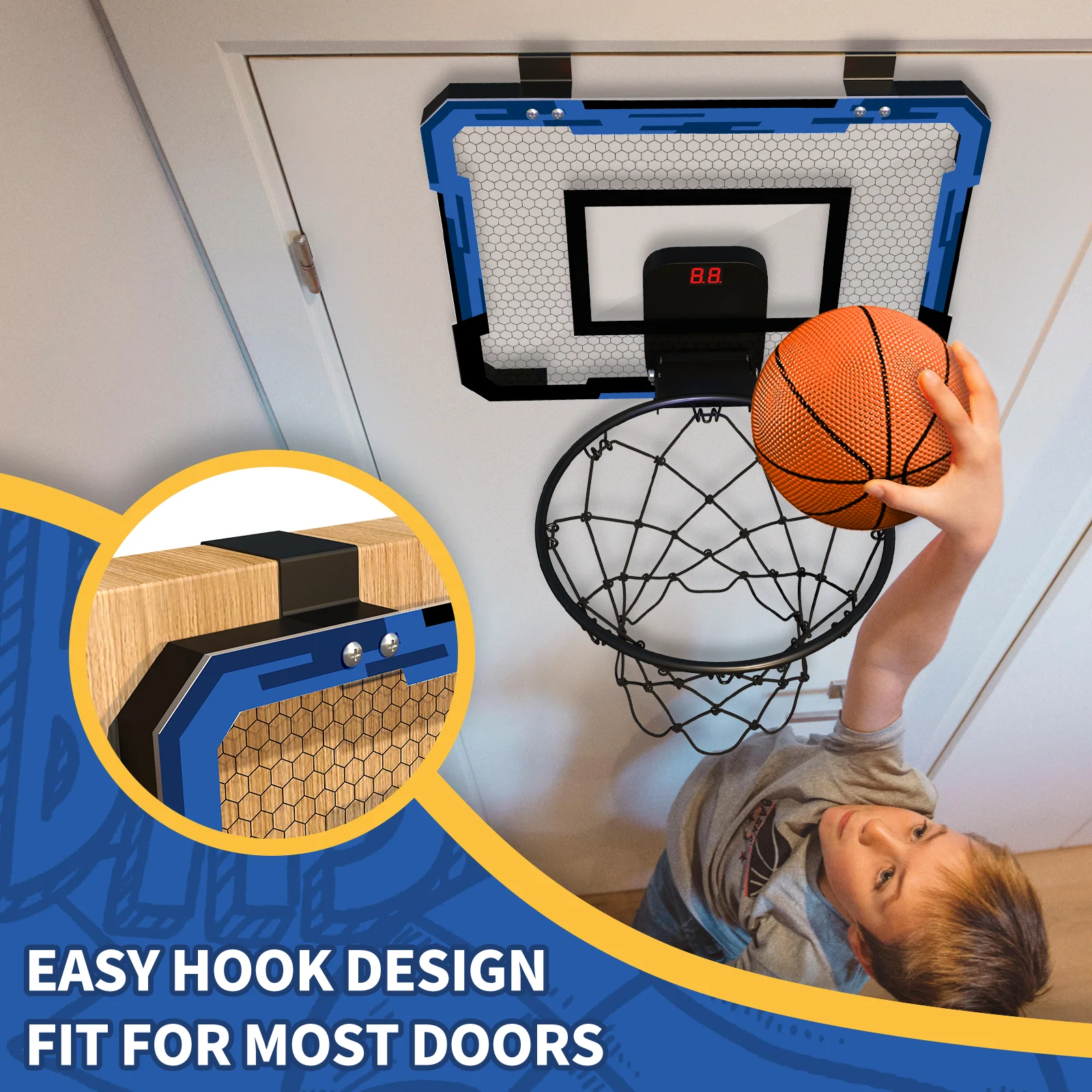 QDRAGON Mini Basketball Hoop with Electronic Scorer, Mini Hoop with 3 Balls/Inflator/Breakaway Rim, Basketball Toy Gifts for Kids and Adults, Suit for Indoor/Outdoor/Pool/Door, Blue