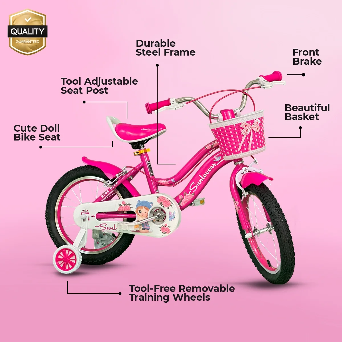 SUNLOVERR Pink Dreams Girls Bike for Toddlers and Kids Ages 4-6 Years Old, 14 Inch Kids Bike with Training Wheels & Basket