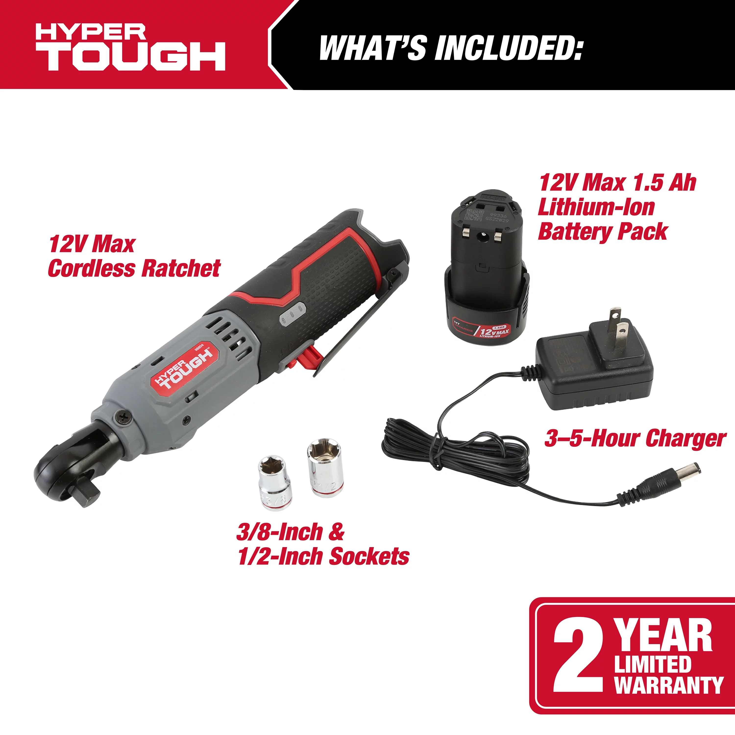 Hyper Tough 12V Max* Lithium-Ion Cordless 3/8-Inch Ratchet with 1.5Ah Battery and Charger, 98804