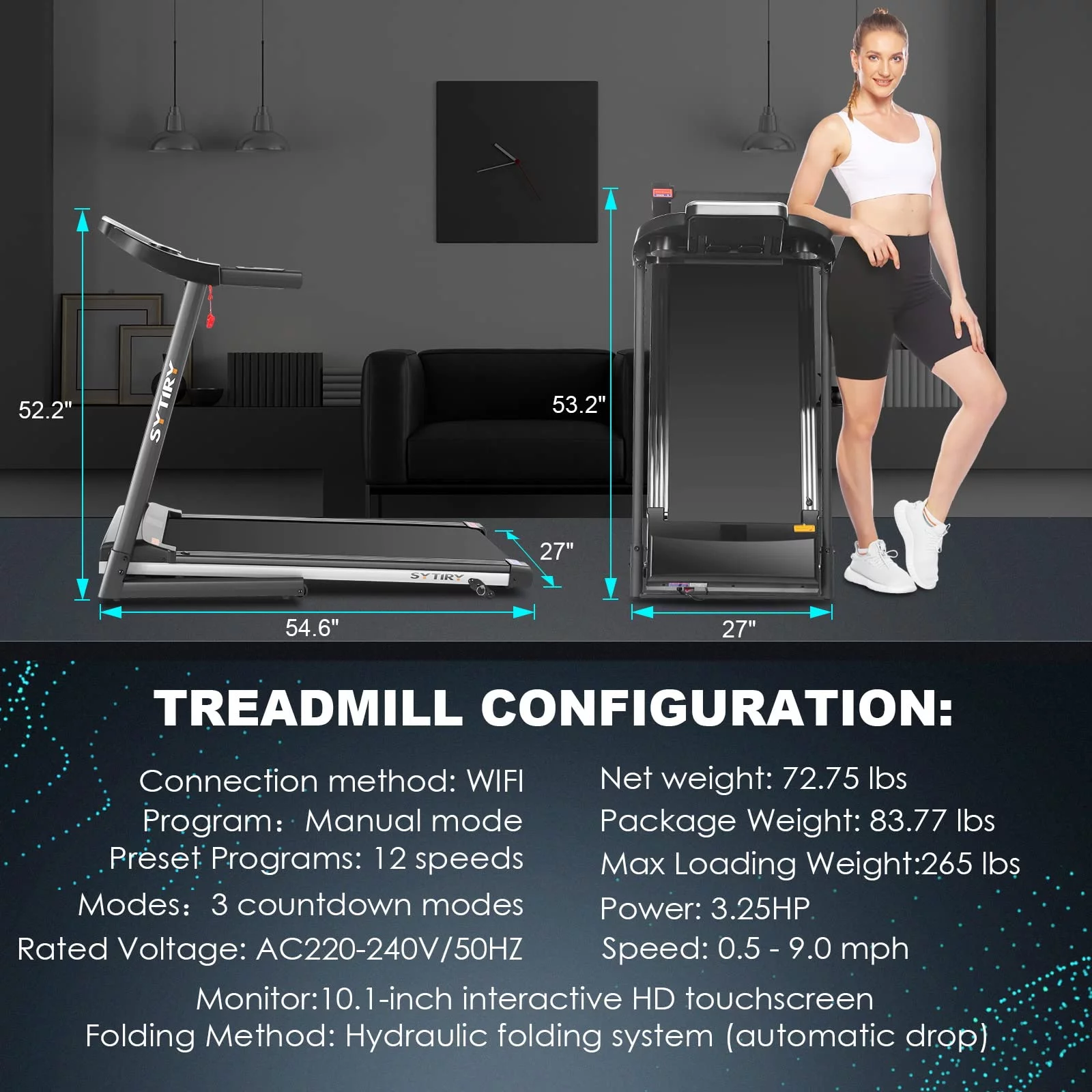 SYTIRY Treadmill with 10″ HD TV Movie Touchscreen and 3D Virtual Sports Scene, 3.25HP Folding Running Machine with Incline, Folding Treadmill with 300lb Weight Capacity for Home, Gym, Office