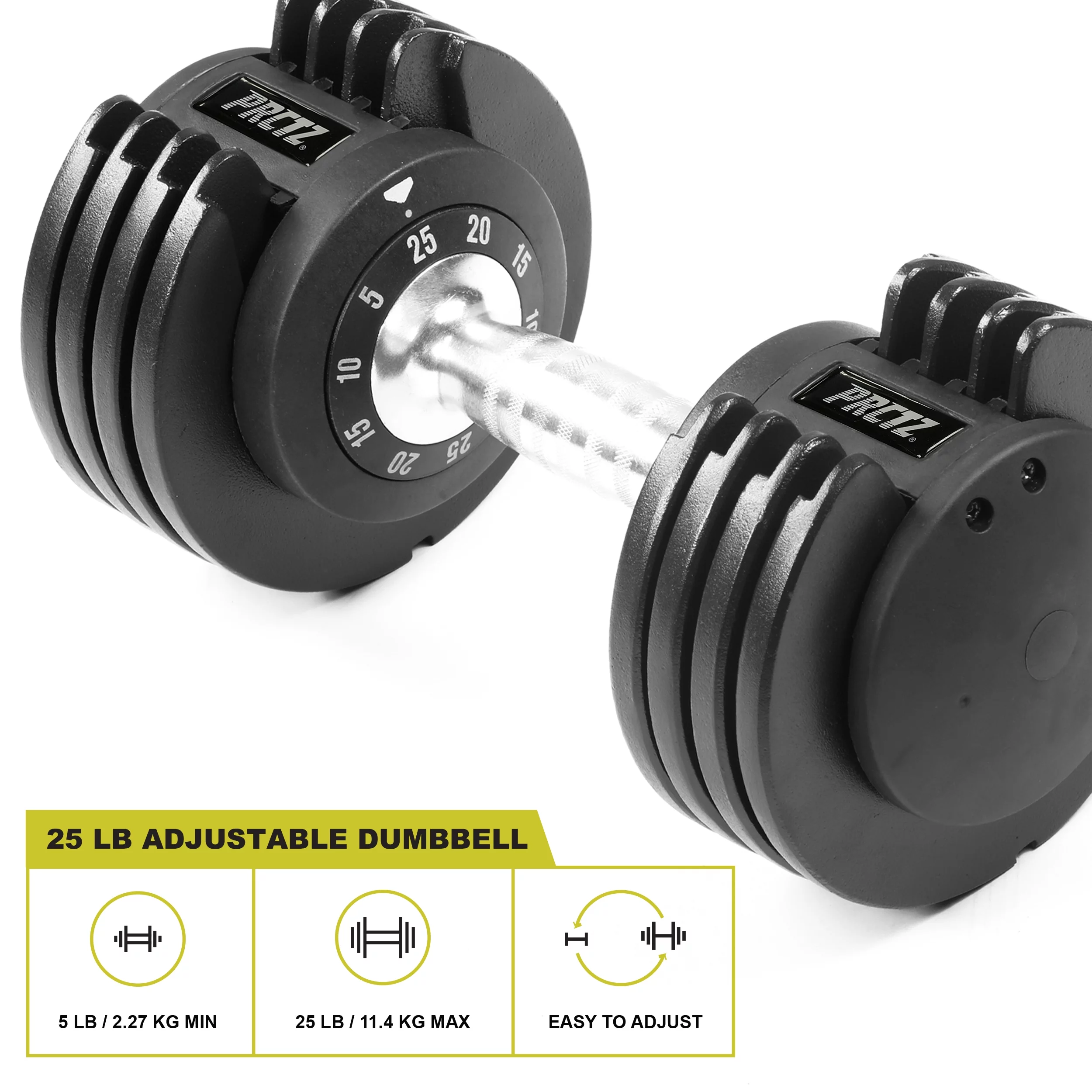 PRCTZ, 5-25lb Adjustable Dumbbell, Single , Available in 25lb & 55lb, Black