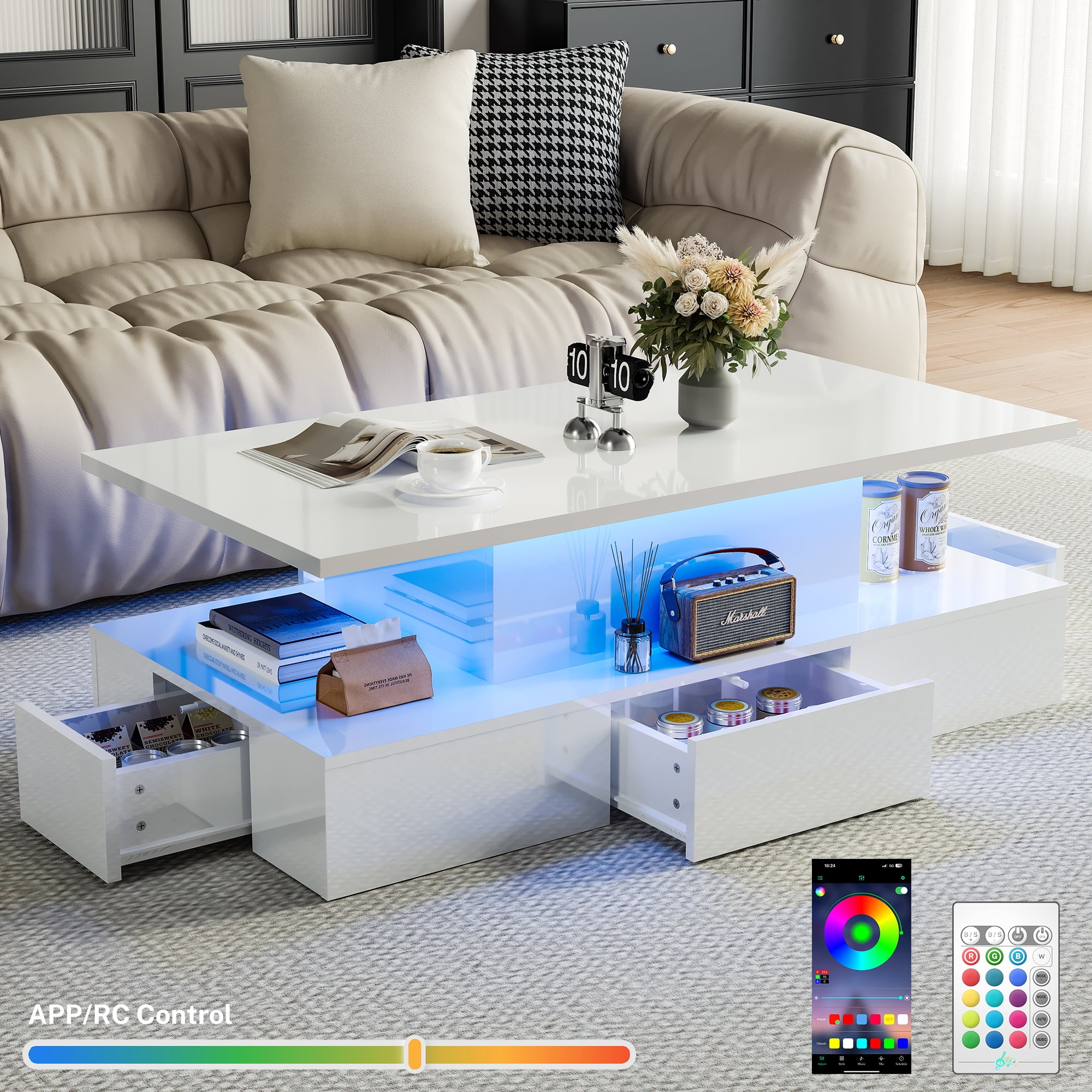 HSUNNS Black LED Coffee Table for Living Room, Modern High Glossy Center Table with 4 Drawers, Smart Cocktail Table Rectangle, Sofa Side Tea Tables with LED Lights, 40″ L??24″ W??15″ H