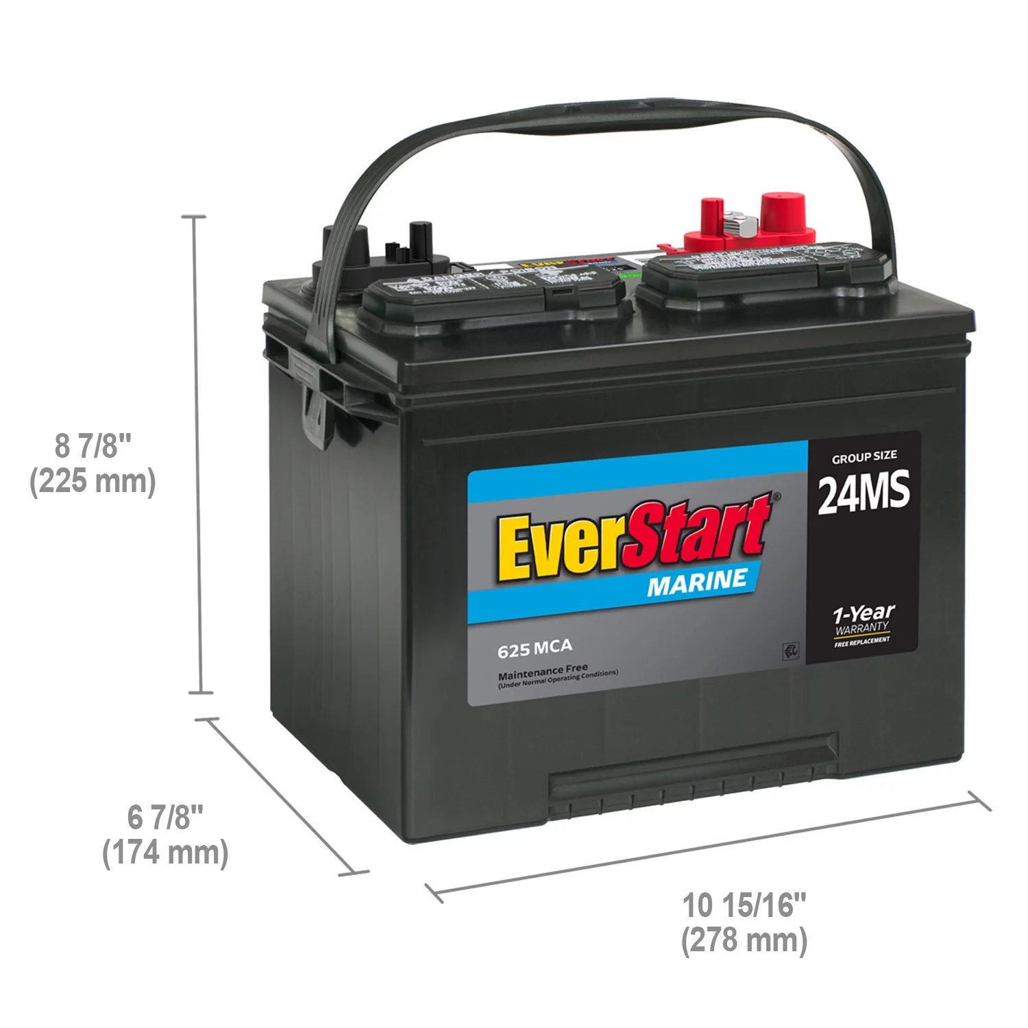 EverStart Lead Acid Marine Starting Battery, Group Size 24MS 12 Volt, 625 MCA