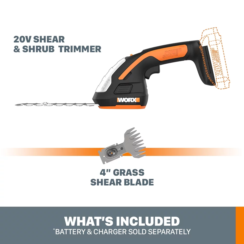 Worx WG801.9 20V Power Share 4″ Cordless Shear and 8″ Shrubber Trimmer (Tool Only)