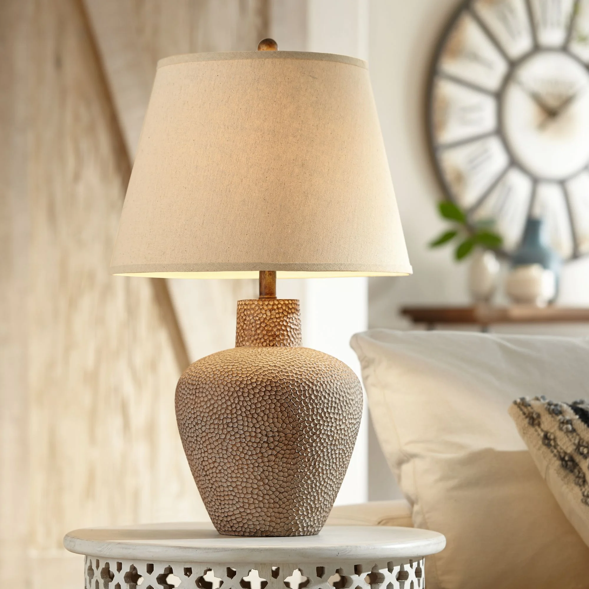 360 Lighting Bentley Rustic Farmhouse Table Lamp 29″ Tall Brown Leaf Textured Hammered Pot Off White Empire Shade for Bedroom Living Room House Home