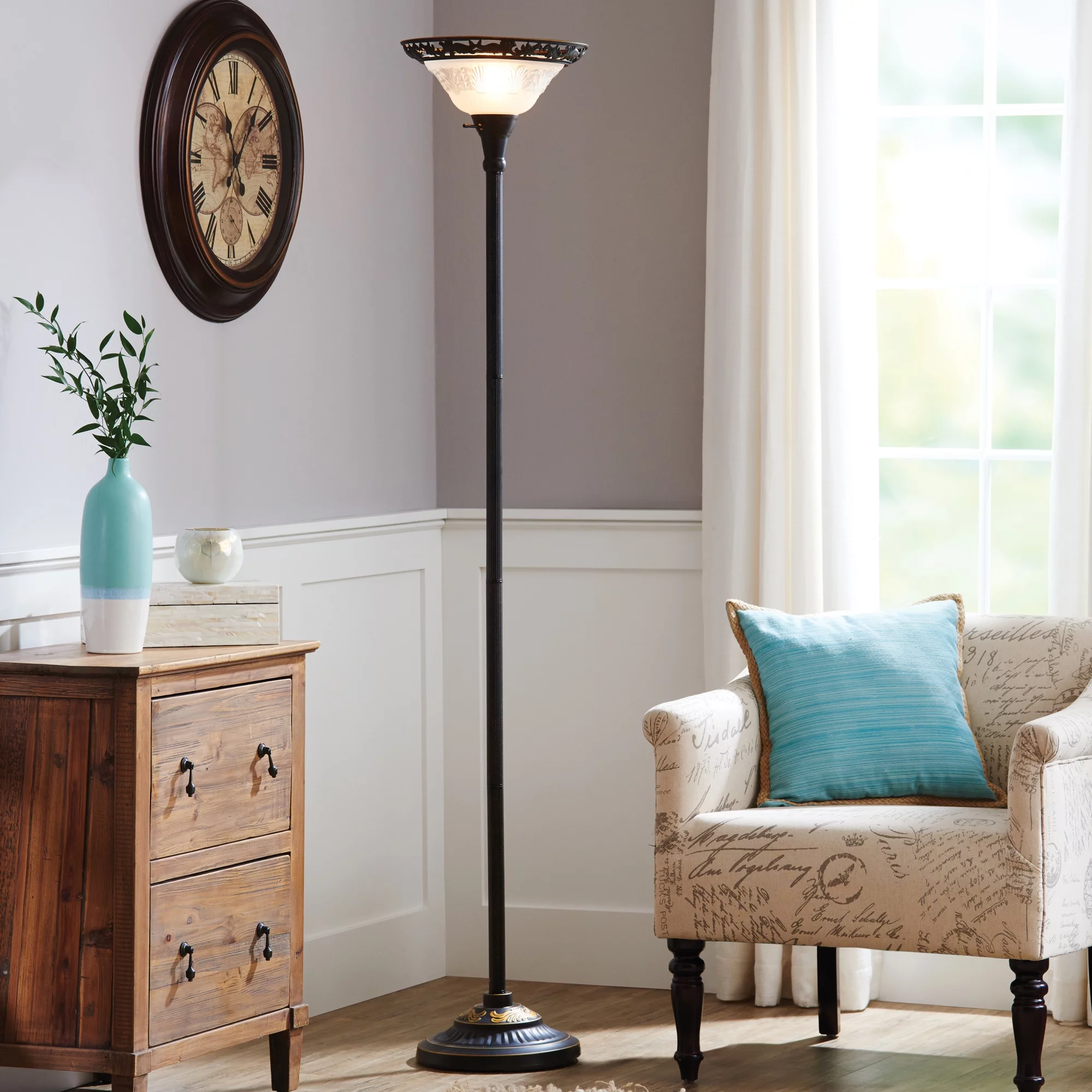 Better Homes & Gardens 70″ Victorian Floor Lamp with Etched Glass Shade in Bronze Color