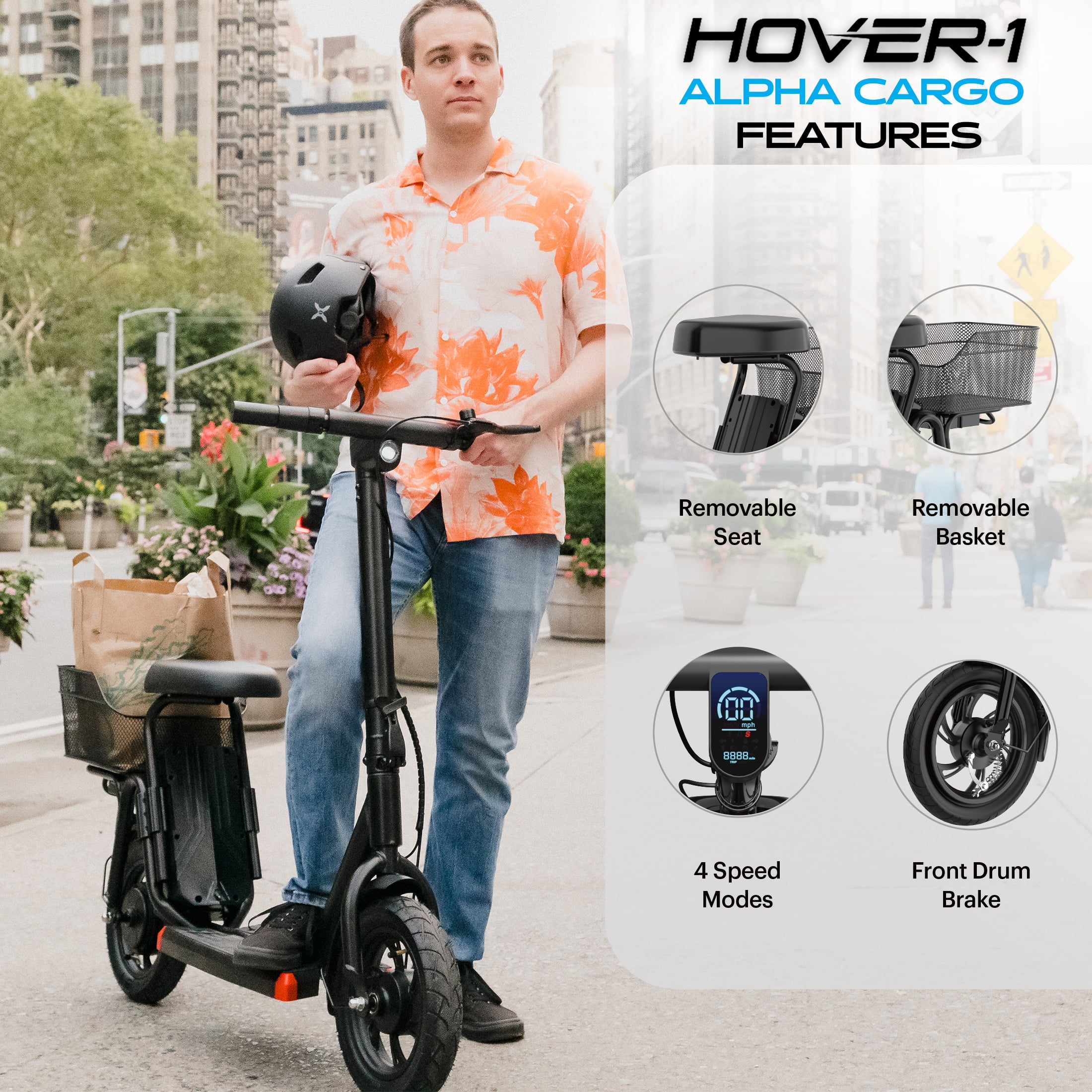 Hover-1 Alpha Cargo Electric Scooter for Teens, 16 mph Max Speed, UL 2272 Certified, Black