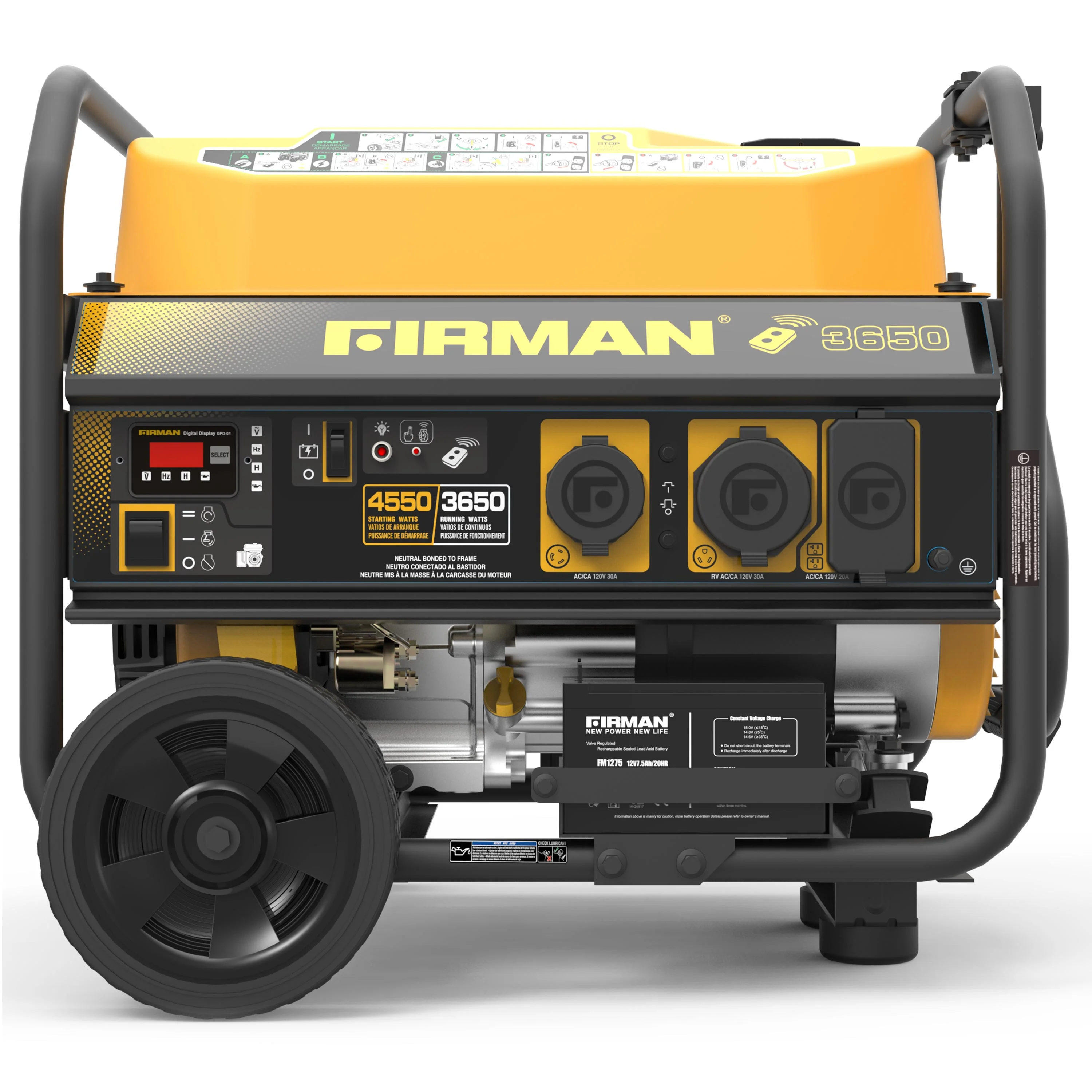 Firman Generators Gas Powered 4550-3650W Extend Run Portable Remote Start Generator with Wheel Kit