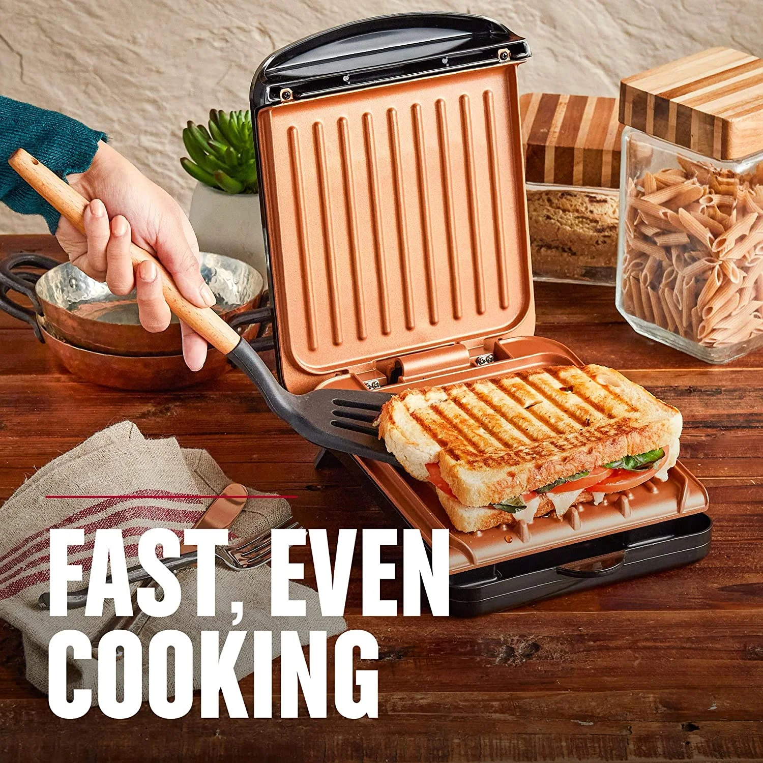 George Foreman Electric Indoor Grill and Panini Press, Black with Copper Plates, Serves 2, Classic Plate, GRS040-Series