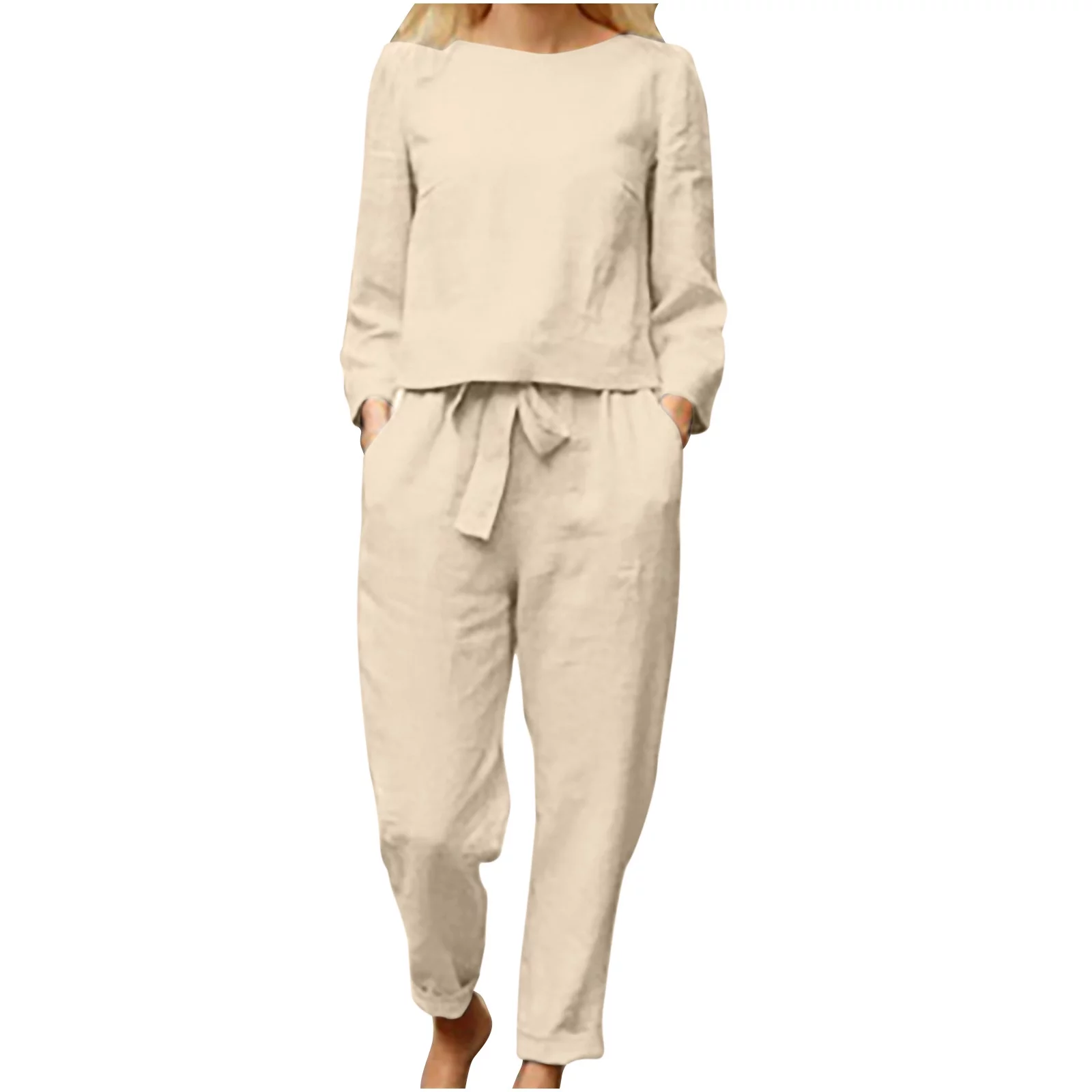 Women’s Casual 2 Piece Outfits Solid Crewneck Long Sleeve Top and Tie Waist Pants Lounge Set Tracksuit with Pockets