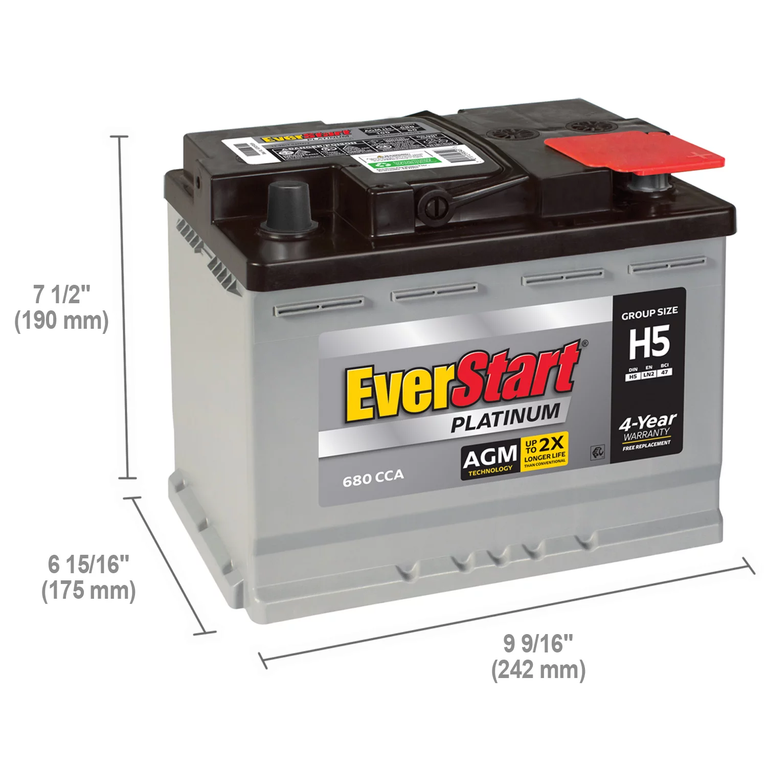 EverStart Platinum AGM Automotive Battery, Group Size H5 / LN2 / 47 12 Volt, 680 CCA